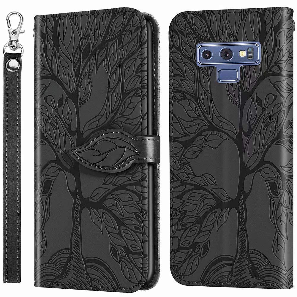 Premium PU Leather Wallet Case for Samsung Galaxy Note 9 - Embossed Tree Design, Folio Flip Cover with Kickstand, Card Slots & Wrist Strap | 6.4 Inch Protective Phone Cover (R-Black) | Perfect for Business, Travel & Everyday Use