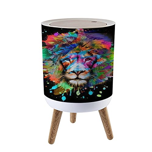 7L/1.8 Gallon Colorful Graffiti Press-Top Trash Can with Lion Head Design & Wooden Legs - Dog Proof Round Garbage Bin for Kitchen, Bathroom, Outdoor, Office & RV Use