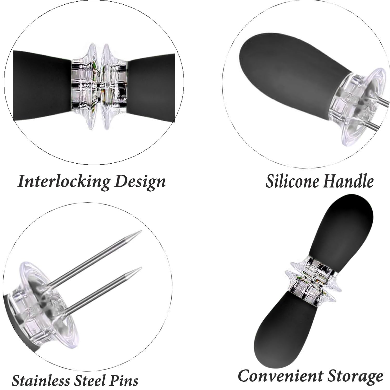 12-Piece Stainless Steel Corn on the Cob Holders Set - 6 Pairs with Interlocking Safety Design, Corn Skewers Forks for Grilling, BBQ, Parties & Camping - Perfect for Summer Cookouts, Picnics & Family Gatherings (Black)