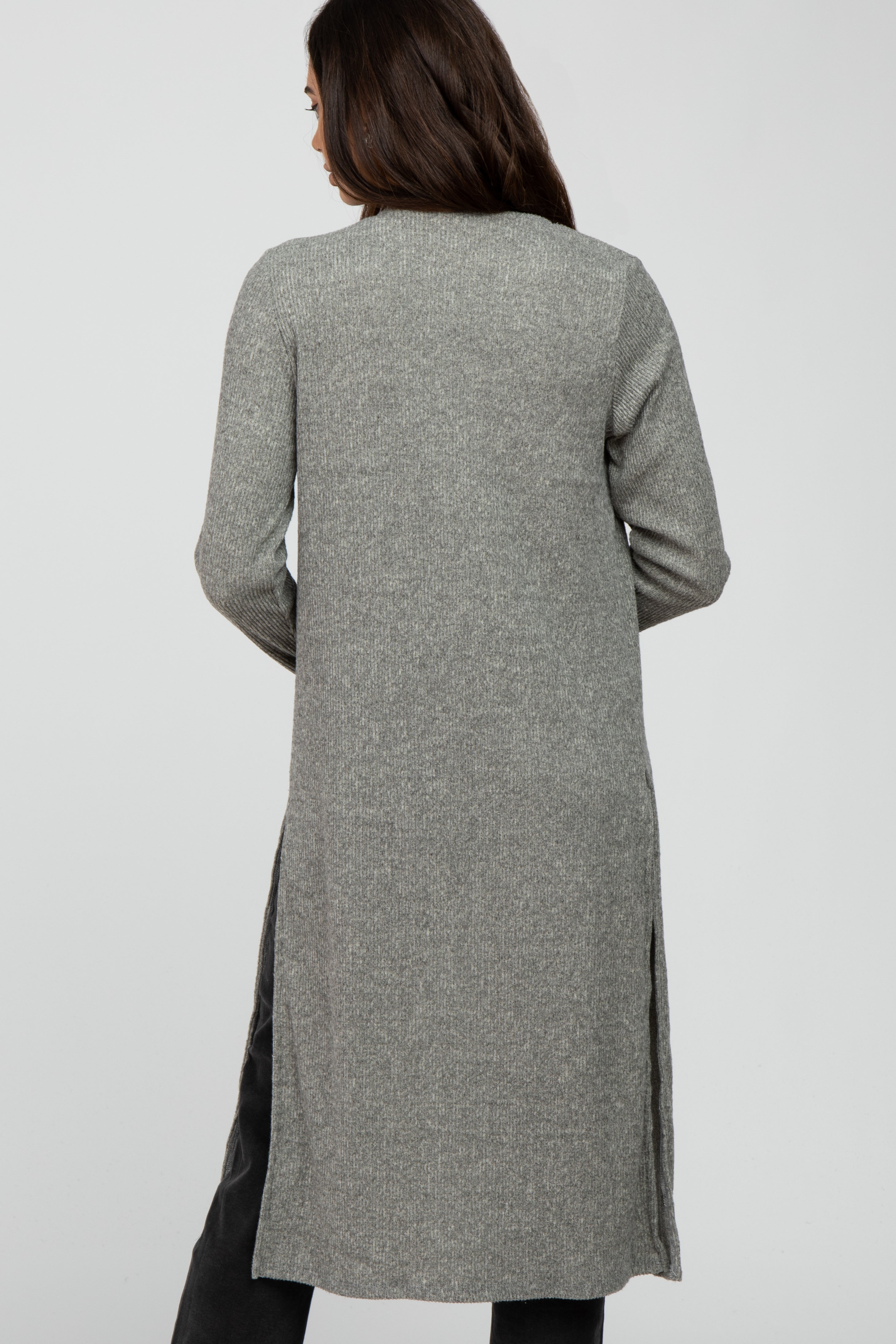 Beige Heathered Ribbed Long Cardigan with Side Slits - Cozy Open Front Sweater for Women | Perfect for Fall Layering, Office Wear & Casual Outfits