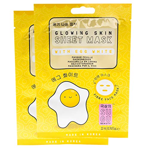 SUGU Beauty Korean Glowing Skin Sheet Mask with Egg White - Hydrating & Brightening Facial Mask for Radiant Complexion (Pack of 2) | Perfect for Daily Skincare Routine & Spa Night Self-Care