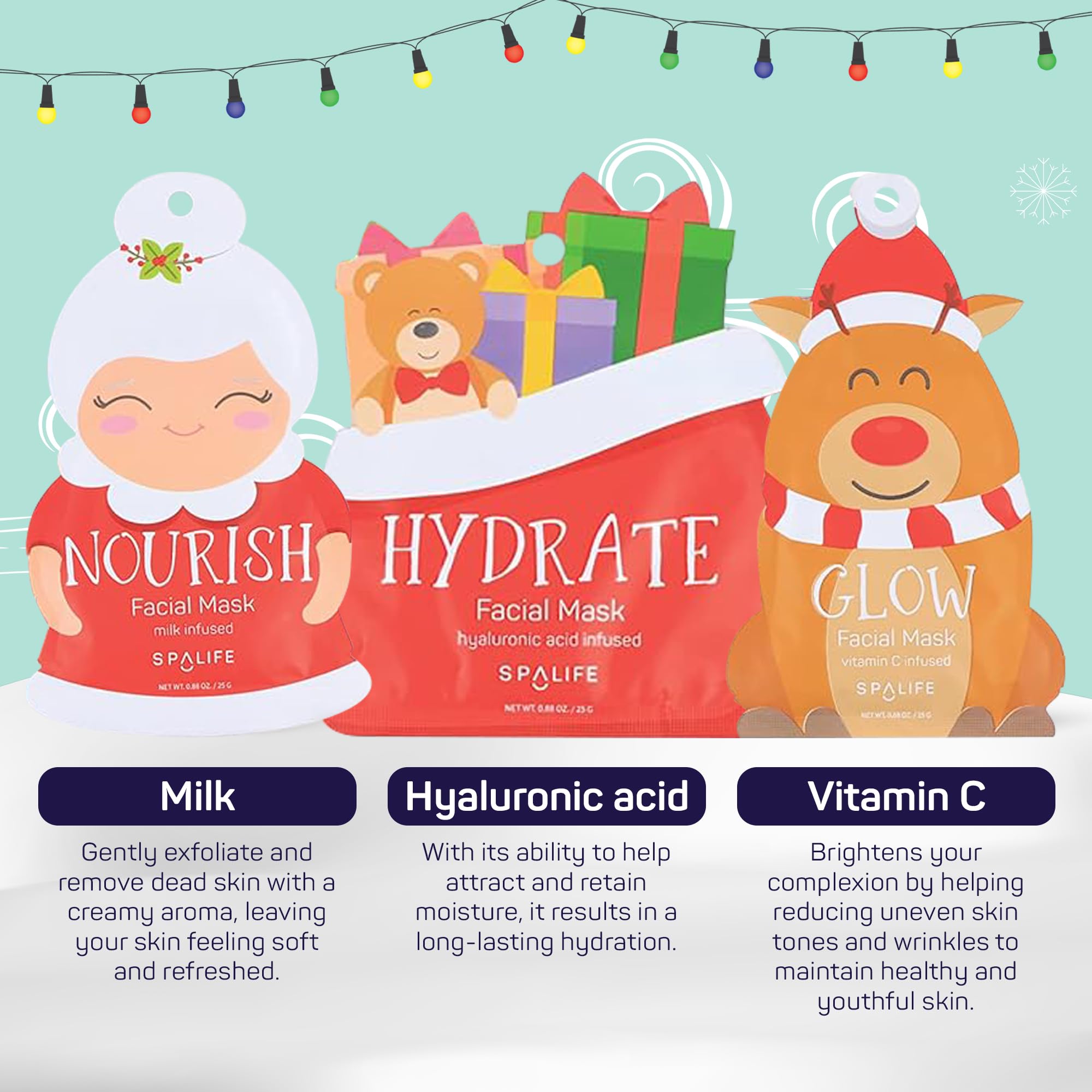 SpaLife Santa's Squad Hydrating Facial Sheet Masks - 12 Pack Korean Skincare for Moisturizing, Soothing & Glowing Skin - Perfect for Self-Care, Spa Day & Holiday Gifts