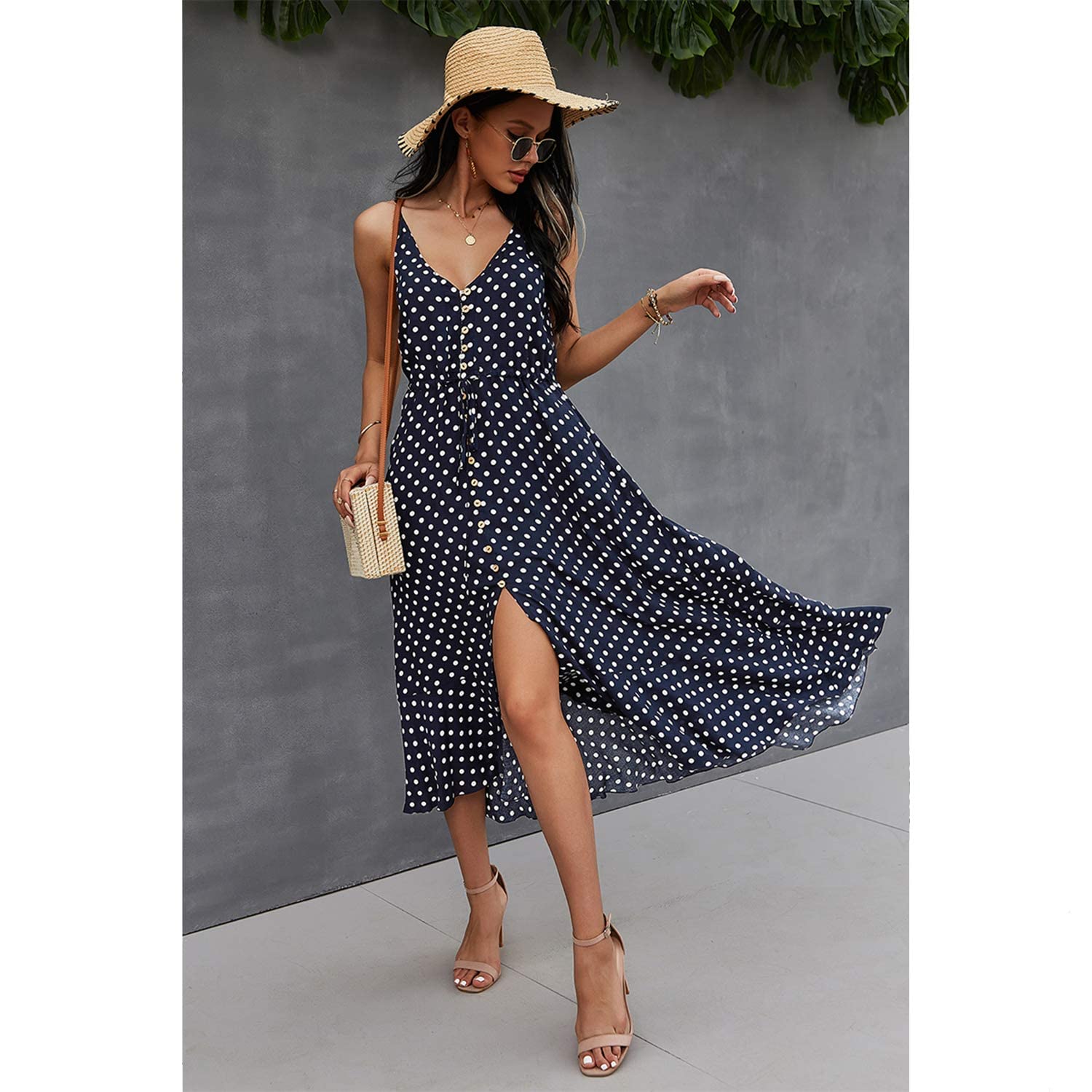 BROVAVE Women's 2025 Summer Casual Boho Sundress - Polka Dot Spaghetti Strap V-Neck Flowy Midi Dress for Beach, Vacation & Outdoor Parties