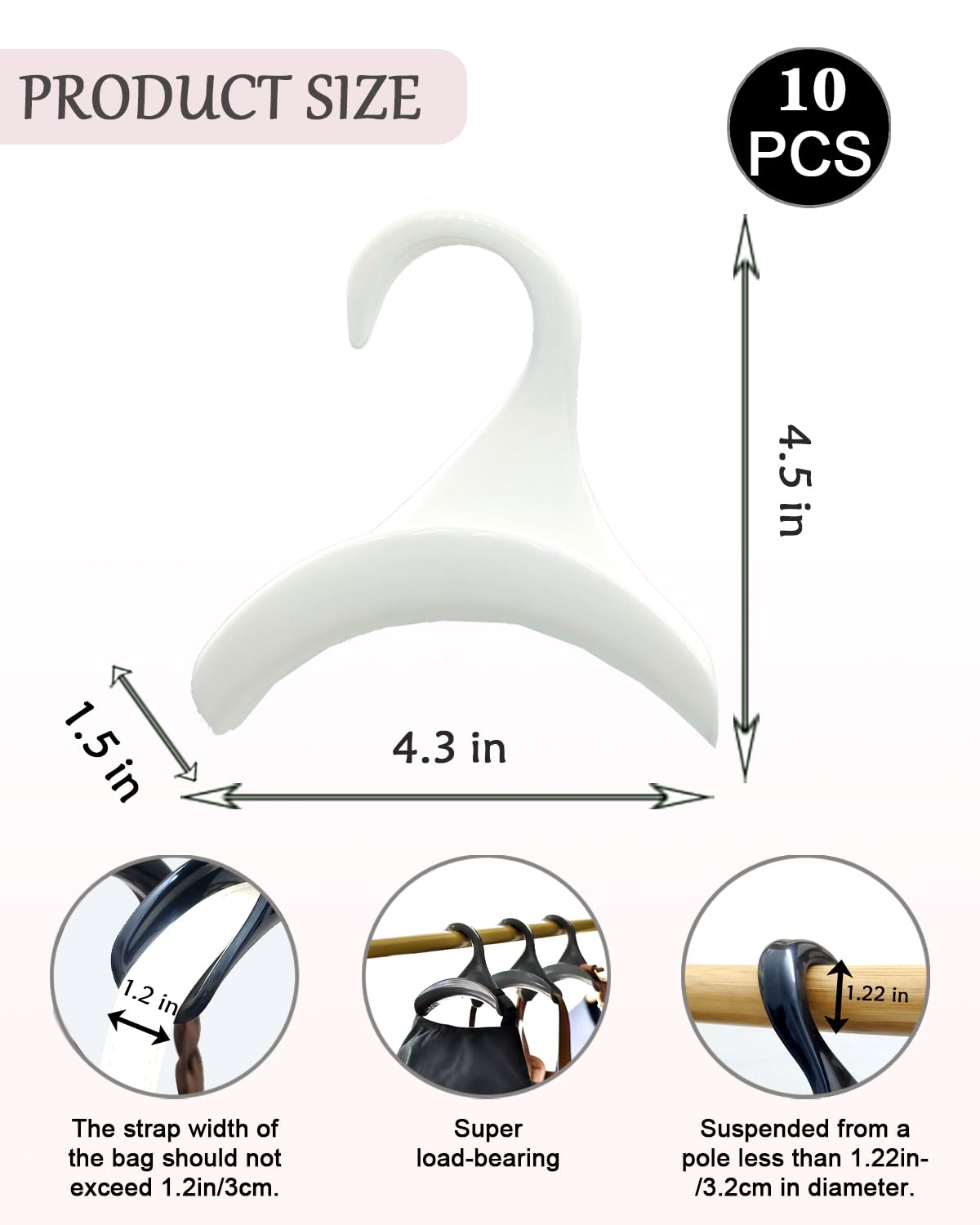 10 Pack White Bag Hanger Hook for Closet - Purse Holder & Organizer for Backpacks, Totes & Handbags | Space-Saving Storage Solution for Bedroom, Office & Dorm