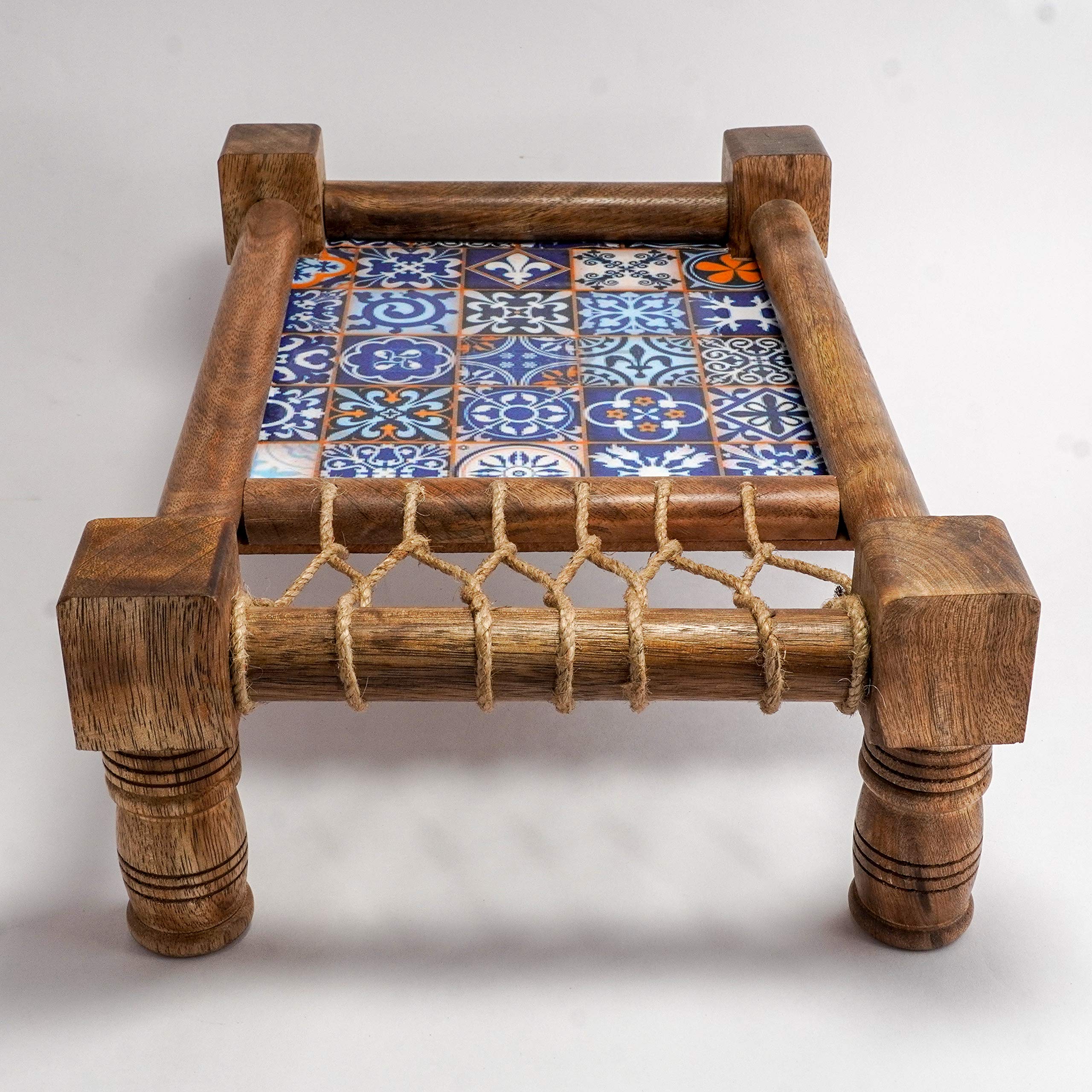Handmade Decorative Wooden Tray for Snacks & Drinks - Traditional Indian Style Cot Tray with Jute Thread Weaving - Multi-Purpose Serving Tray 16
