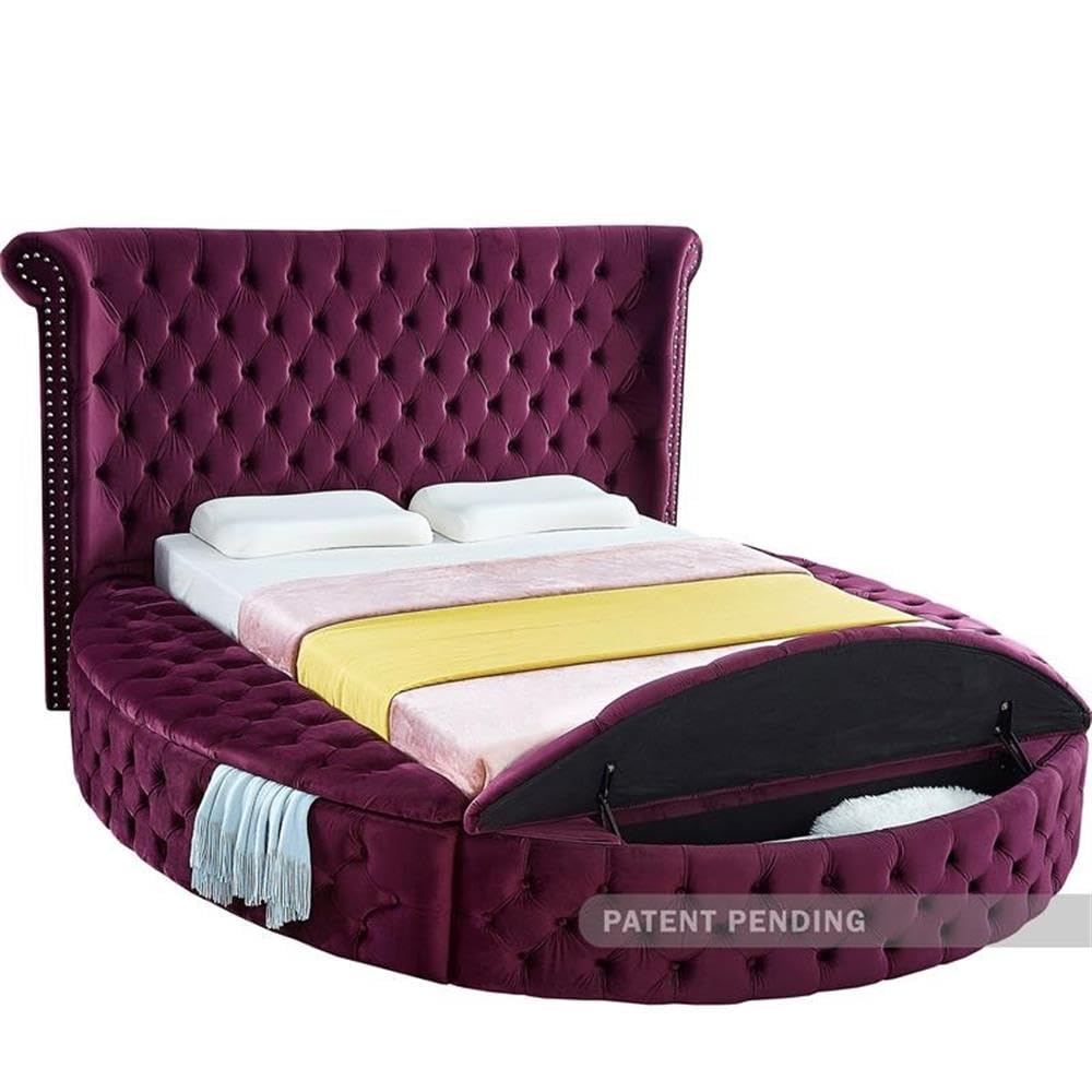 Luxury Purple Velvet Upholstered Queen Bed with Storage - Modern Round Tufted Platform Bed Frame with Footboard | Meridian Furniture Luxus Collection (93.75
