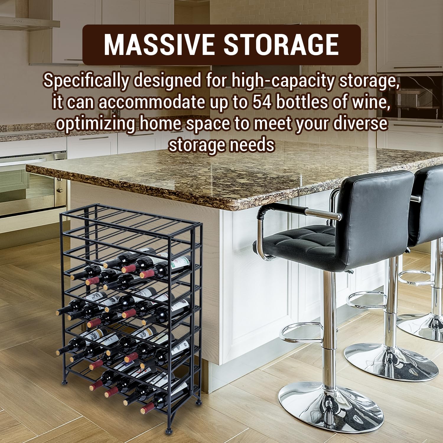 MyGift 9-Tier Black Metal Wine Rack - Freestanding Floor Bottle Storage Shelf Holds 54 Wine Bottles | Perfect for Home Bar, Kitchen, Dining Room & Cellar Organization