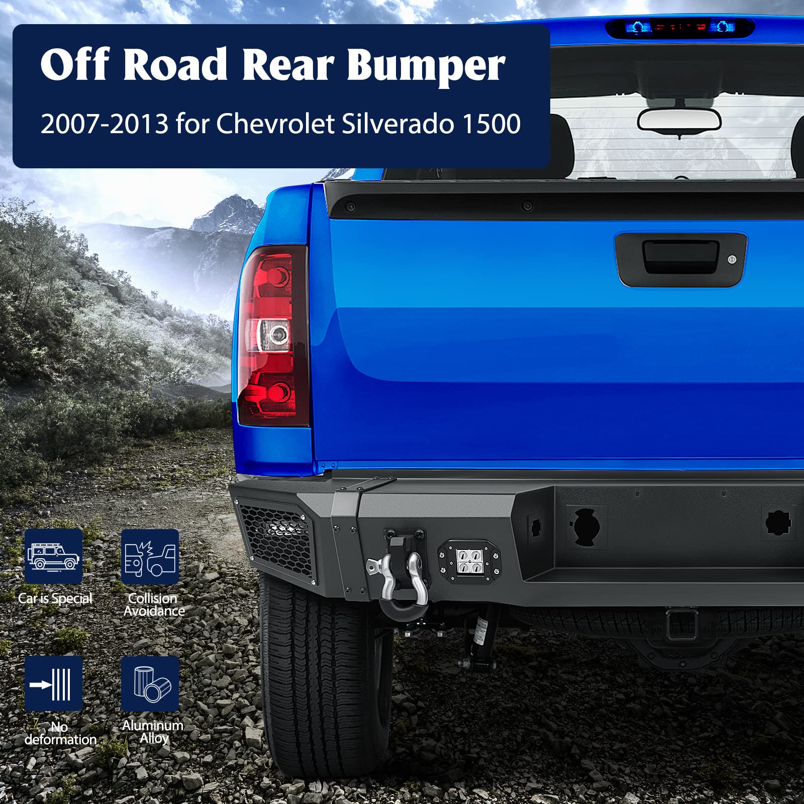 ECCPP Textured Black Rear Bumper with D-Ring & LED Lights Compatible with 2007-2013 Chevrolet Silverado 1500 & GMC Sierra 1500 Pickup Trucks - Off-Road Protection & Enhanced Style