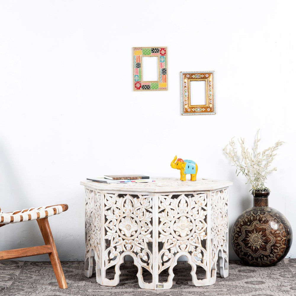 Handmade Carved Mango Wood Octagon Coffee Table - White Distressed Finish - Rustic Farmhouse Living Room Furniture for Home Decor & Cozy Gatherings
