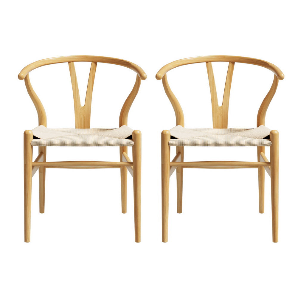 Artiss Dining Chairs Set of 2 - Wooden Frame with Rattan Seat & Wishbone Back Design - Perfect for Kitchen, Dining Room, and Breakfast Nook