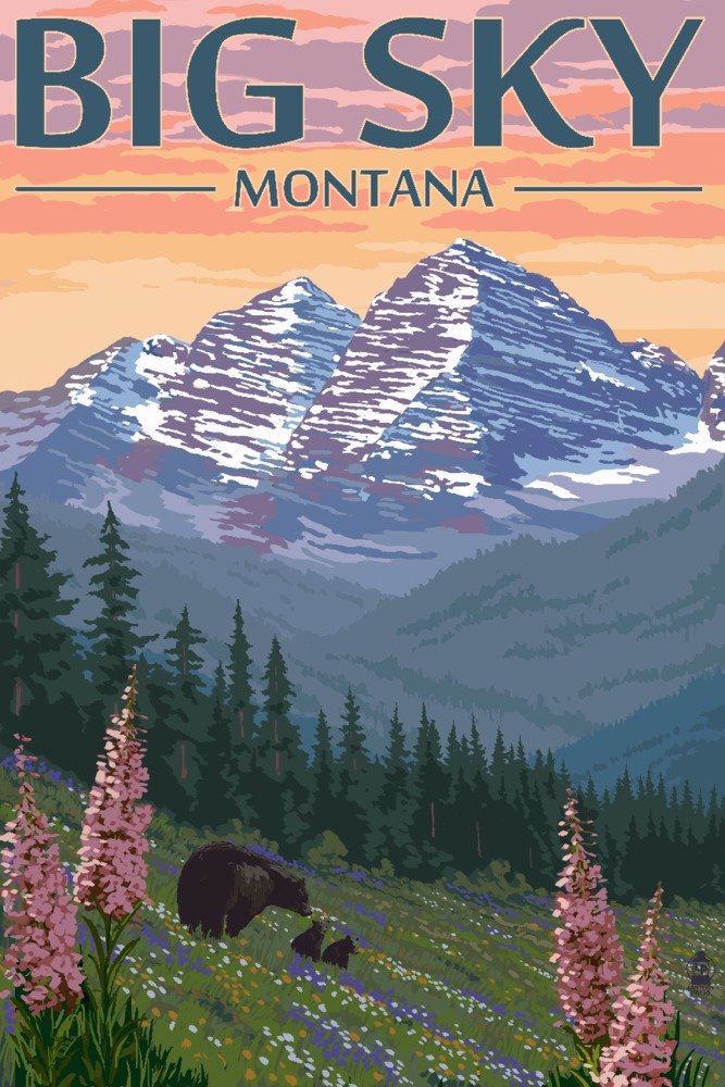 Big Sky Montana Bear and Spring Flowers - 16x24 Gallery Quality Metal Wall Art, Aluminum Home Decor for Living Room, Bedroom & Office