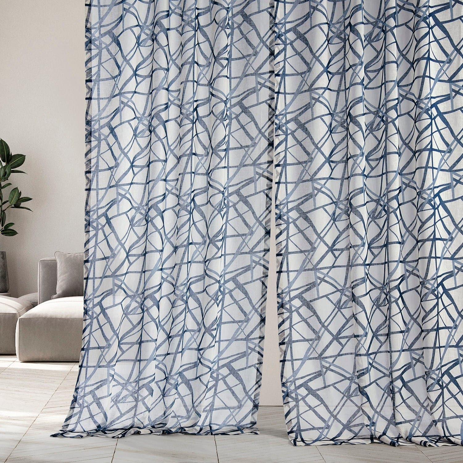 Matrix Blue Abstract Printed Sheer Curtains - Modern Window Treatment for Living Room, Bedroom & Office Decor