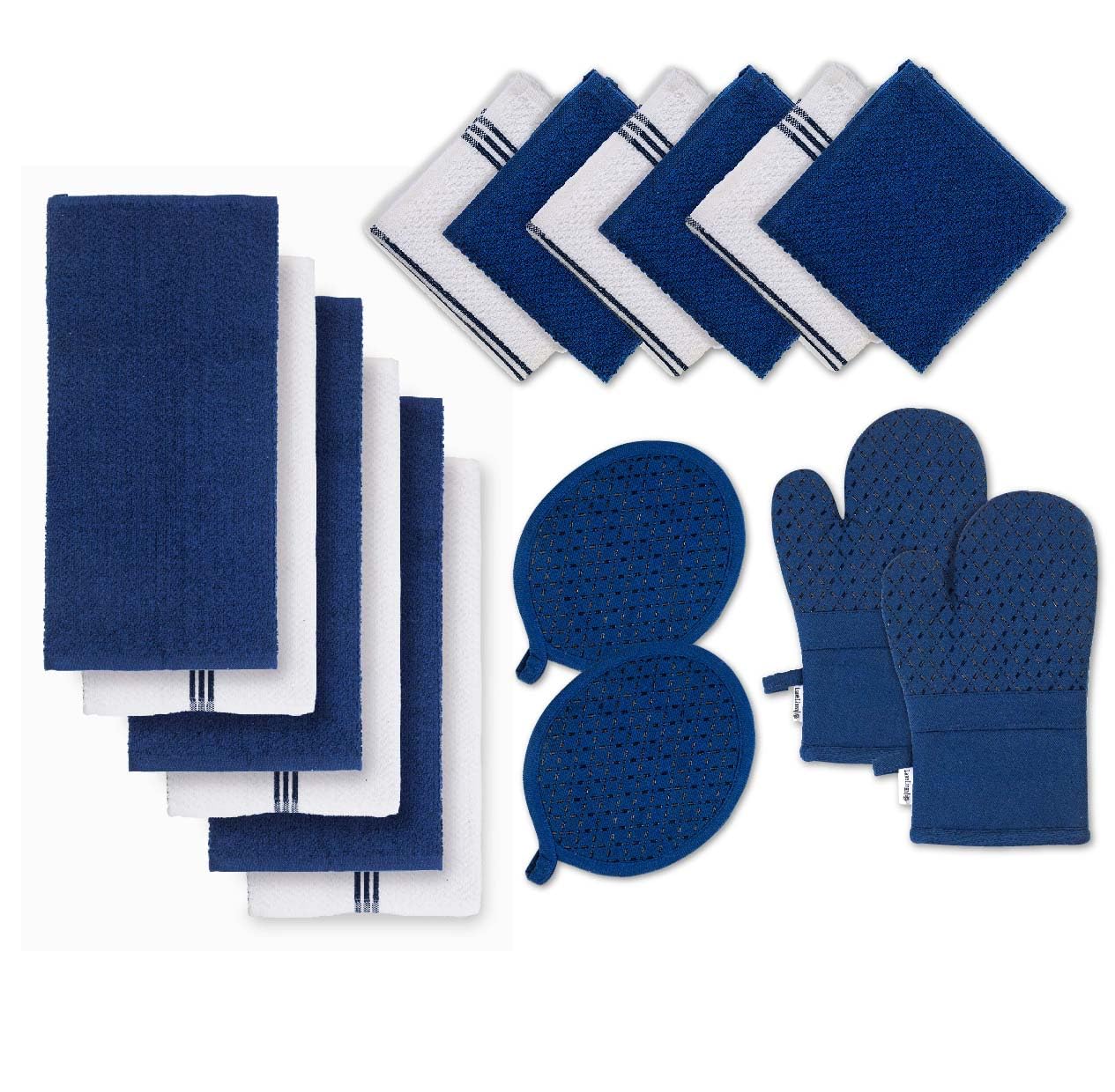 Premium 16-Piece LANE LINEN Kitchen Towel Set - Ultra Absorbent Cotton Tea Towels, Dish Towels & Hand Towels with Silicone Oven Mitts & Pot Holders - Indigo Blue - Perfect for Cooking, Baking & Kitchen Decor