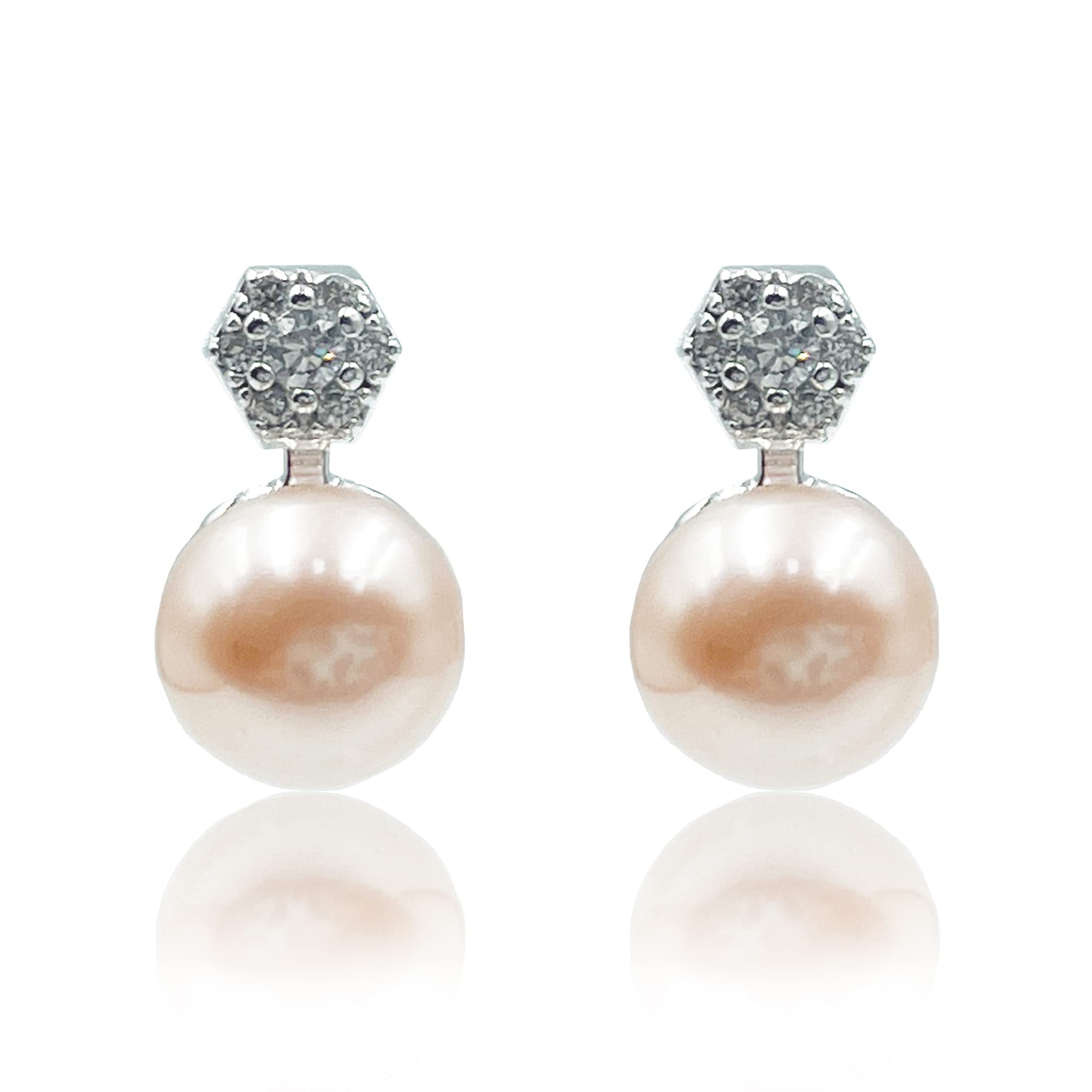 14K Gold Plated Sterling Silver Hexagon Cubic Stud Freshwater Pearl Earrings for Women & Girls - White & Pink - Perfect for Weddings, Parties & Everyday Elegance
