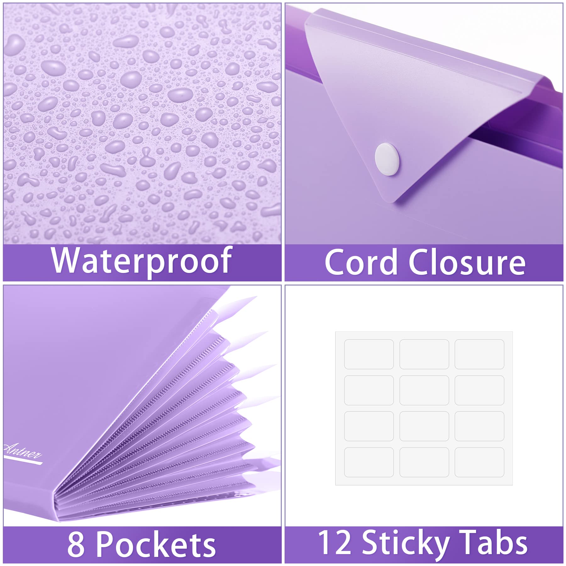 Antner 8-Pocket Expanding File Folder with 12 Sticky Labels - Letter Size Accordion Organizer with Snap Closure - Purple A4 Document Holder for Home, School & Office - Perfect for Bills, Receipts & Paperwork Organization