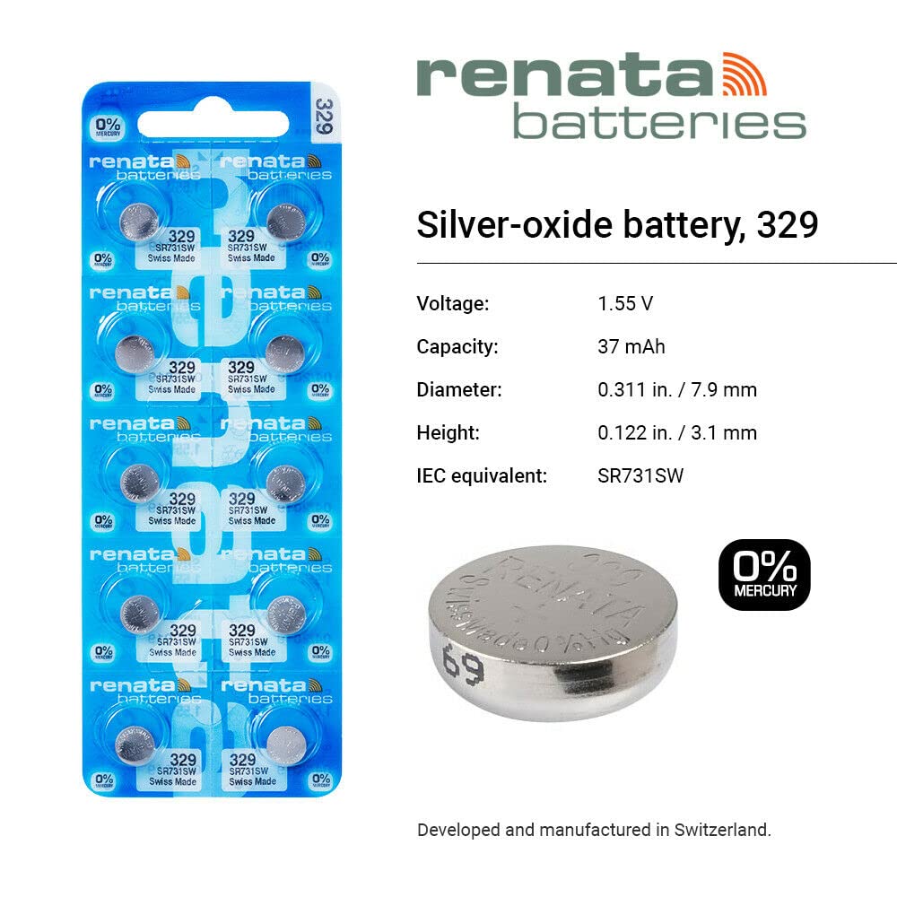 Renata 329 SR731SW 1.55V Silver Oxide Watch Batteries (10-Pack) - Long-Lasting Power for Watches, Calculators & Small Electronics - Perfect Replacement for Timex, Casio & Seiko Watches