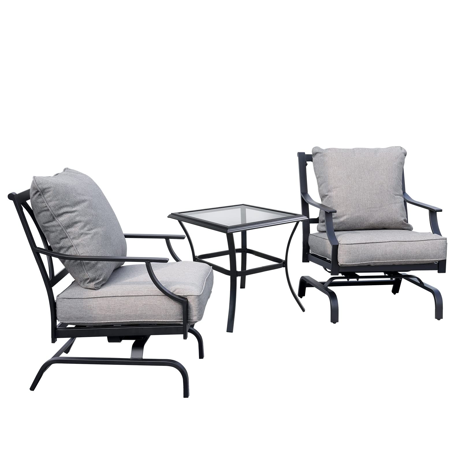 3-Piece Outdoor Rocking Patio Chair Set with Coffee Table & Cushions - Modern Grey Furniture for Lawn, Porch & Backyard Relaxation | Durable Weather-Resistant Wicker Design for Garden, Deck & Poolside Use