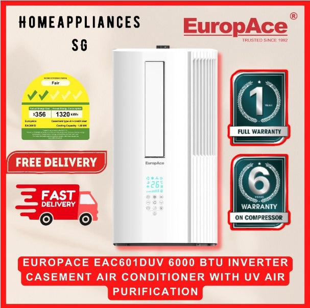 EuropAce EAC601DUV 6000 BTU Energy Efficient Inverter Casement Window AC with UV Air Purification - Perfect for Small Rooms, Bedrooms & Apartments