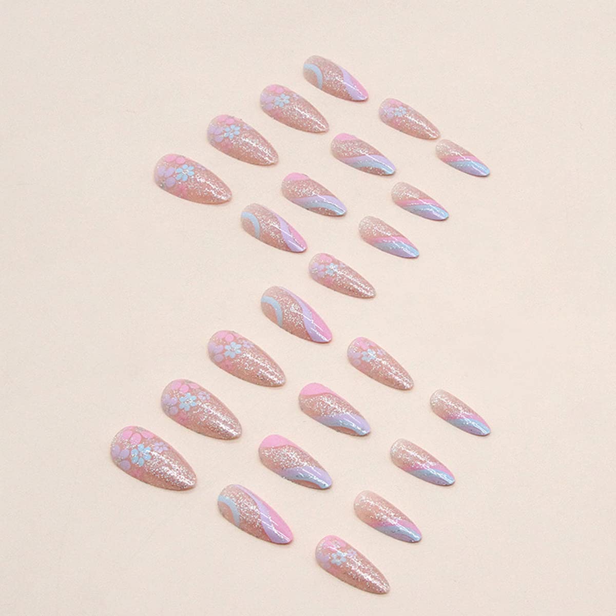 24Pcs Flower Press on Nails - Almond Fake Nails with Wave Lines & Small Floral Shiny Designs - Cute Acrylic Nails with Glitter Tips - Glossy Artificial Glue on Nails for Women & Girls - Perfect for Parties, Weddings, and Everyday Nail Decorations