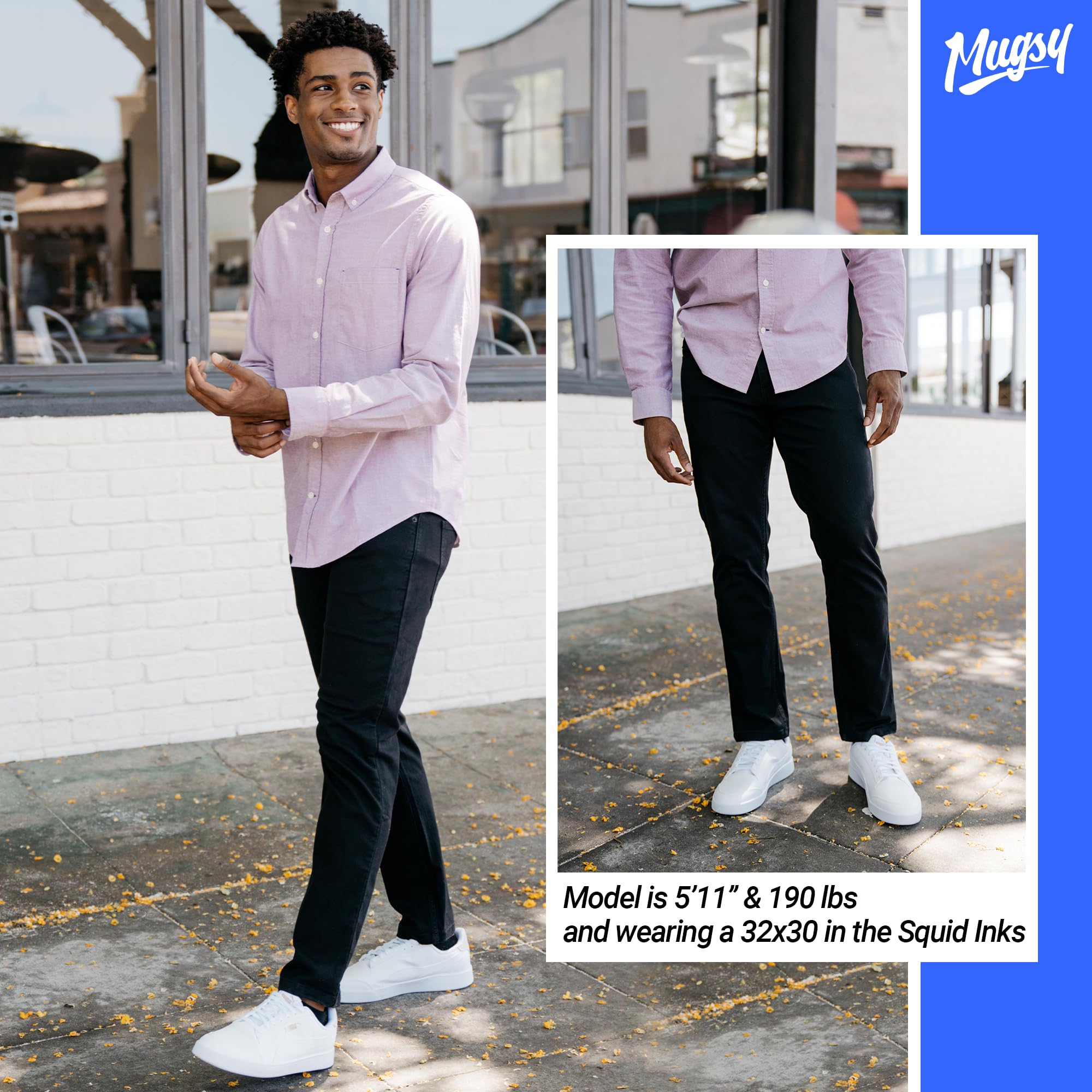 Mugsy Squid Inks Men's Classic Fit Black Denim Jeans - Stretch Comfortable & Flexible Pants for Everyday Wear - True to Size - Perfect for Casual, Office & Travel Outfits