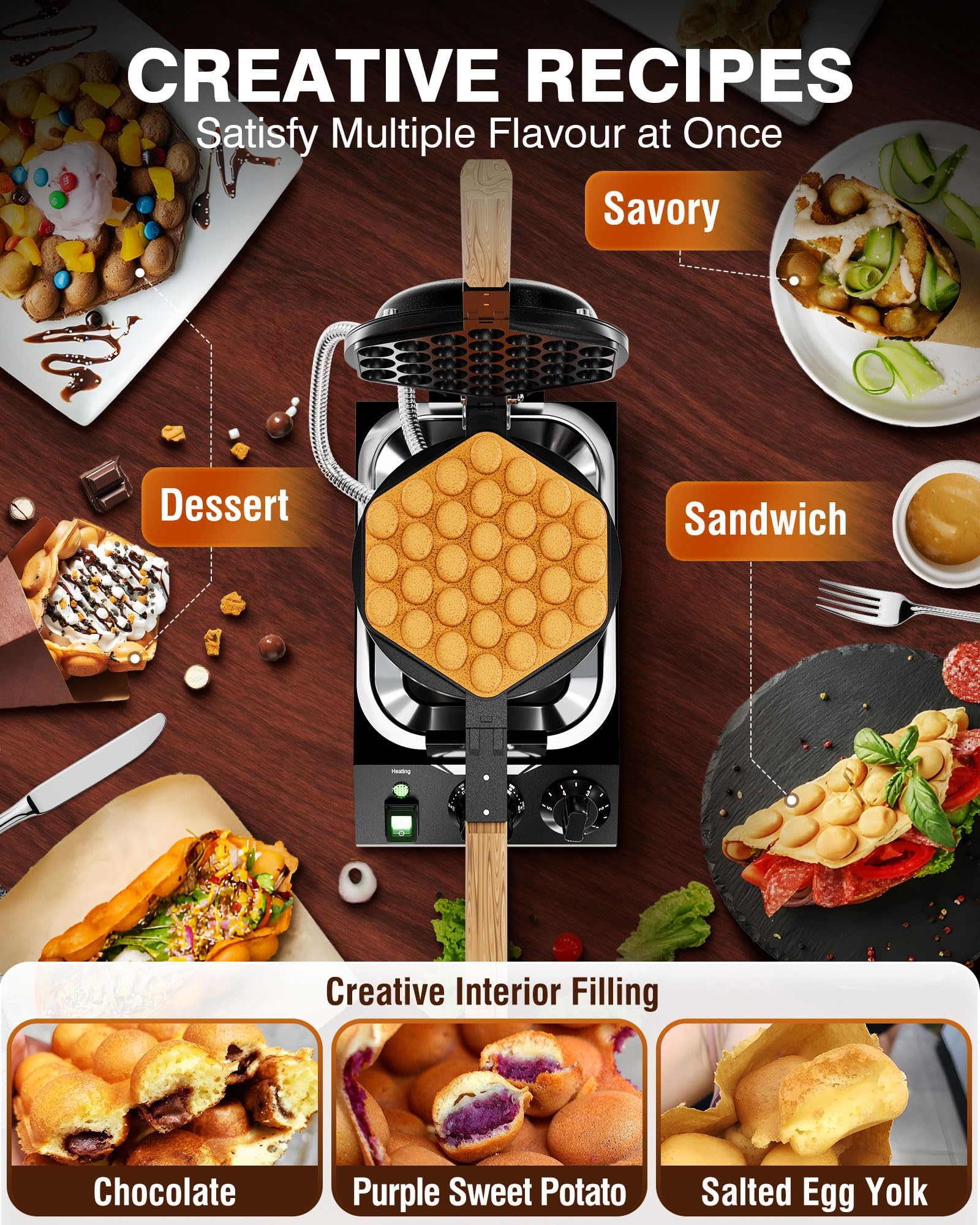 Commercial Bubble Waffle Maker 1500W - Electric Egg Puff Waffle Iron Machine with 180° Rotation, Non-Stick Coating & Crumb Tray - Perfect for Hong Kong Style Egg Cones, Street Food, and Dessert Shops