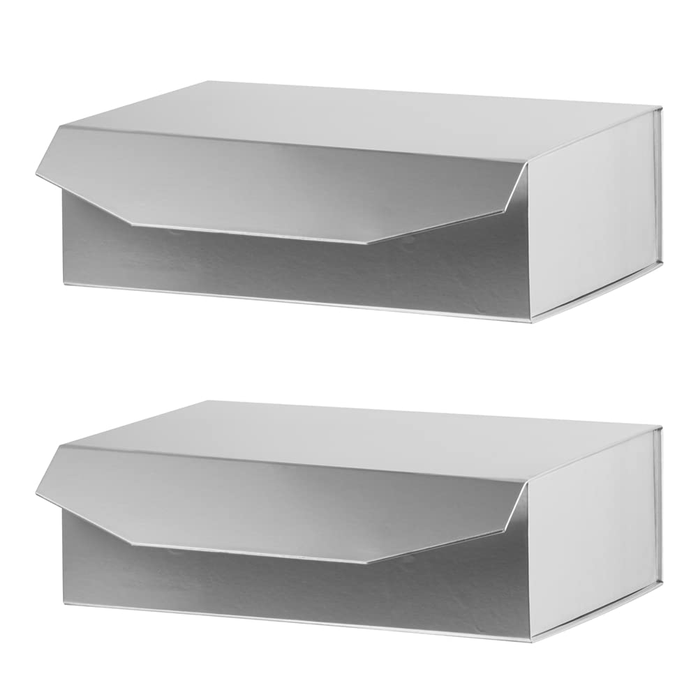 PACKGILO 2 Pack Large Grey Gift Boxes with Lids - 13x9x4 Inches Magnetic Closure Collapsible Storage Boxes for Clothes, Jewelry & Gifts | Premium Glossy Silver Packaging for Weddings, Birthdays & Retail Display