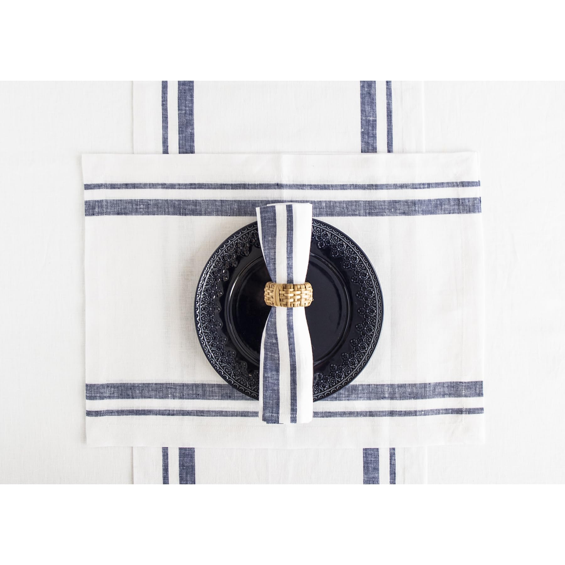 Solino Home French Stripe Linen Placemats Set of 4 - 14x19 Inch 100% Pure Linen Navy & White Washable Table Mats - Elegant Dining Decor for Spring, Mother's Day, Easter & Everyday Use