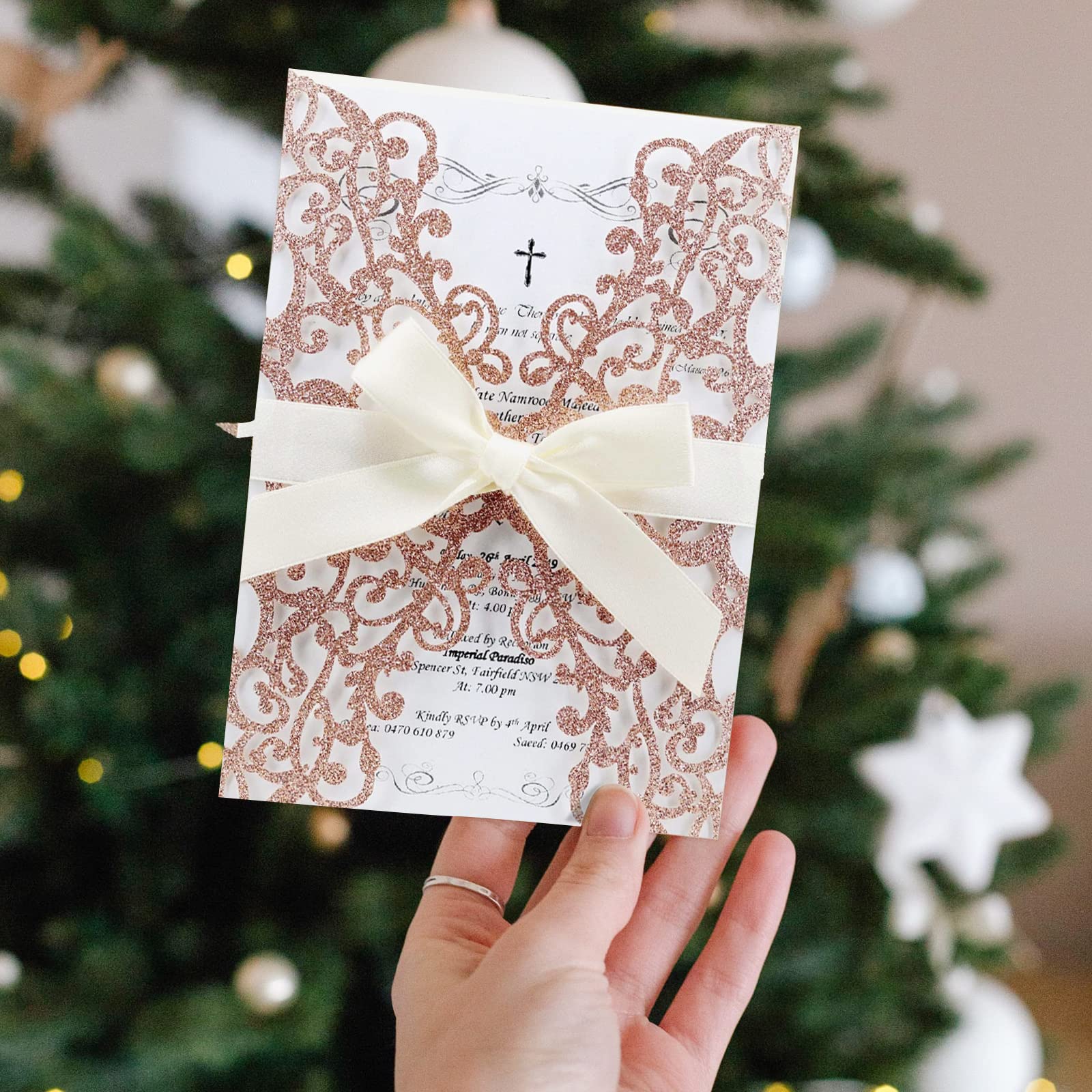25PCS Rose Gold Wedding Invitations Set - Elegant Laser Cut Floral Design with Gold Powder, Blank Inner Sheets, Envelopes & Ribbons for Wedding, Engagement, Bridal Shower Parties | Perfect for Formal Events & DIY Invitations