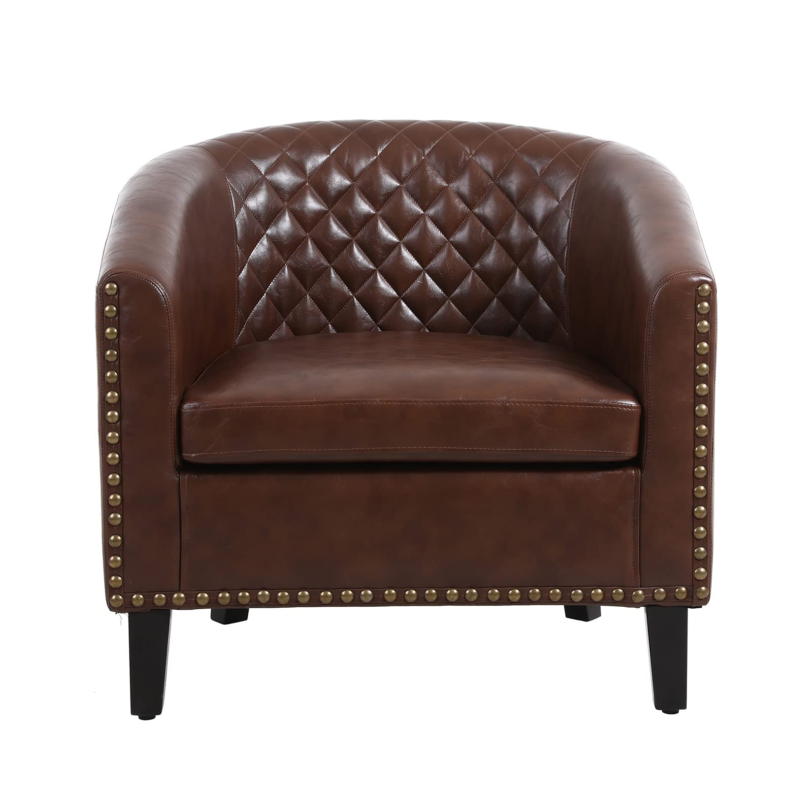 Premium SSLine Classic Upholstered Accent Arm Chair - Genuine Soft Leather Barrel Club Chair with Solid Wood Legs & Nailhead Trim - Comfortable Living Room Sofa, Office Guest Chair or Bedroom Seating (Brown) - Perfect for Relaxing, Reading & Conversation Areas