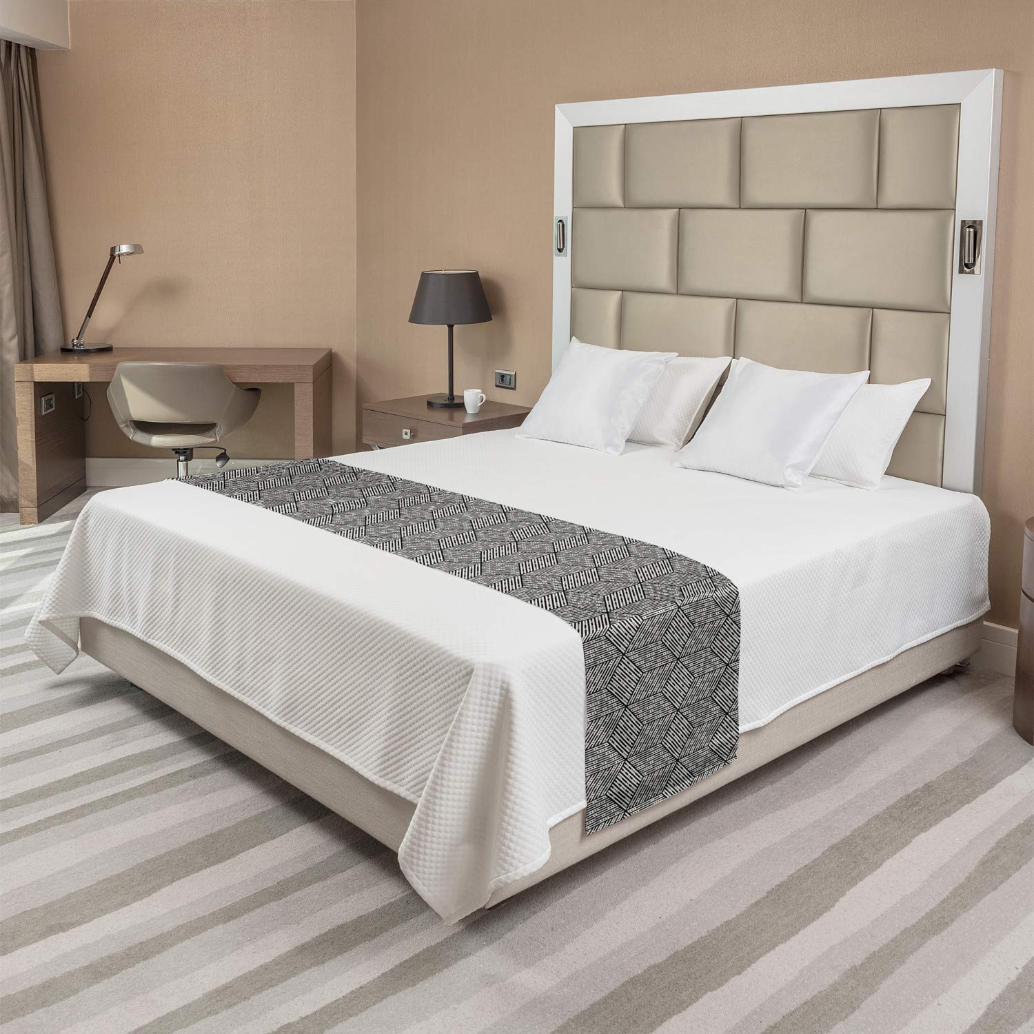 Ambesonne Geometric Bed Runner - Modern Mosaic Design with Cubic Forms & Abstract Stripes - Decorative Bed Scarf for Hotels, Homes & Guest Rooms - Charcoal Grey & Ivory - Perfect for Master Bedrooms, Luxury Hotels & Airbnb Styling