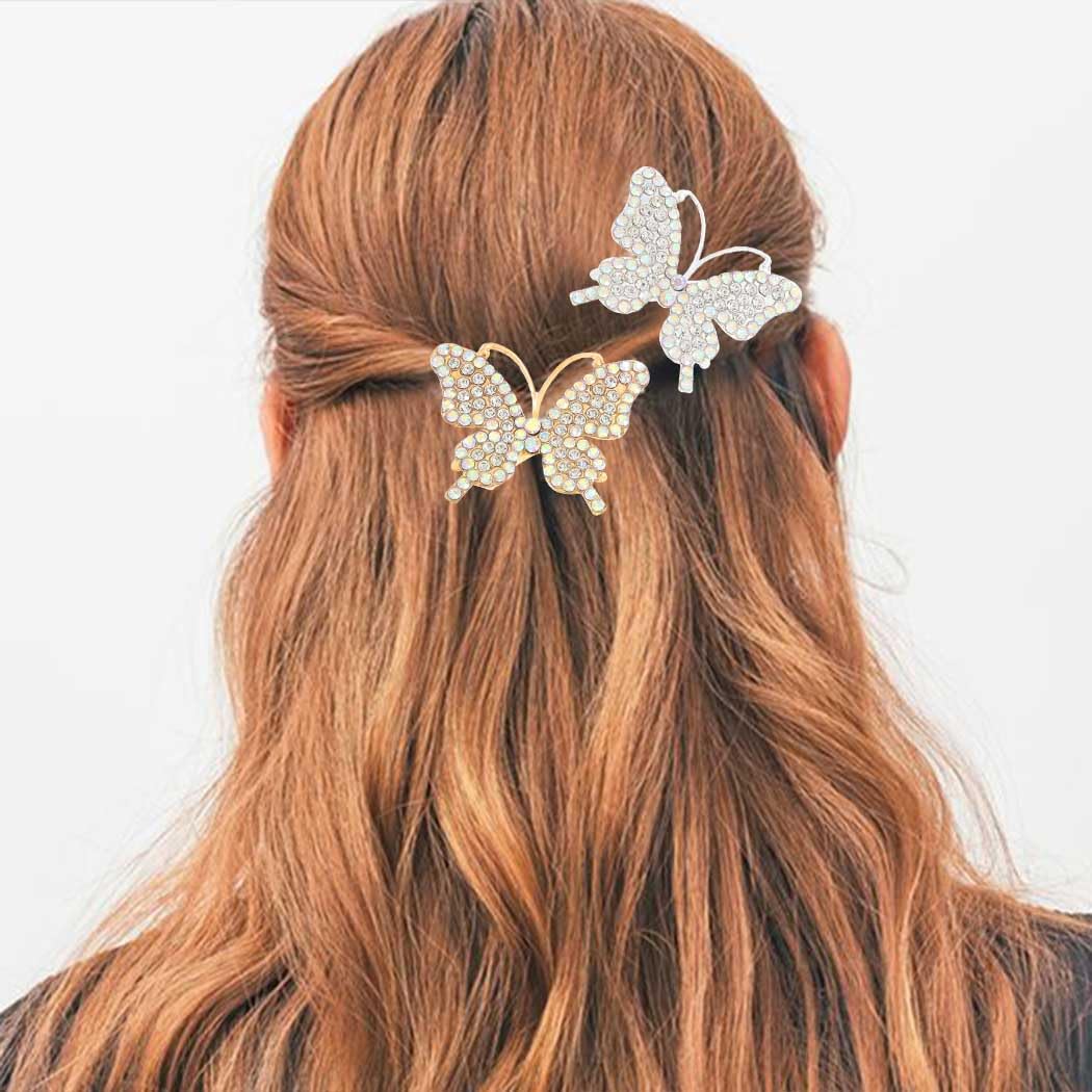BARTOSI Gold Rhinestone Butterfly Hair Clips - Sparkly Crystal Hair Barrettes for Women & Girls (2 Pack) | Elegant Hair Accessories for Weddings, Parties & Daily Wear