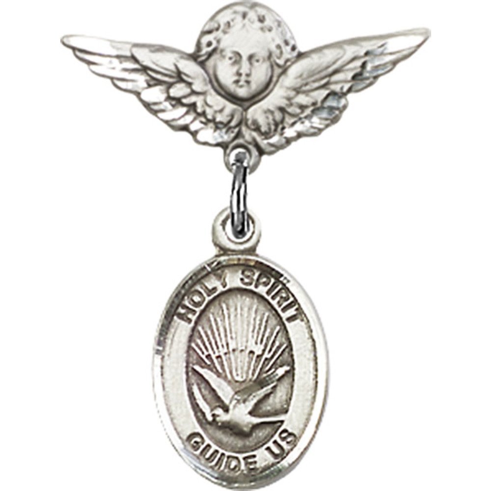 925 Sterling Silver Baby Badge with Holy Spirit Charm & Angel Wing Pin - 7/8