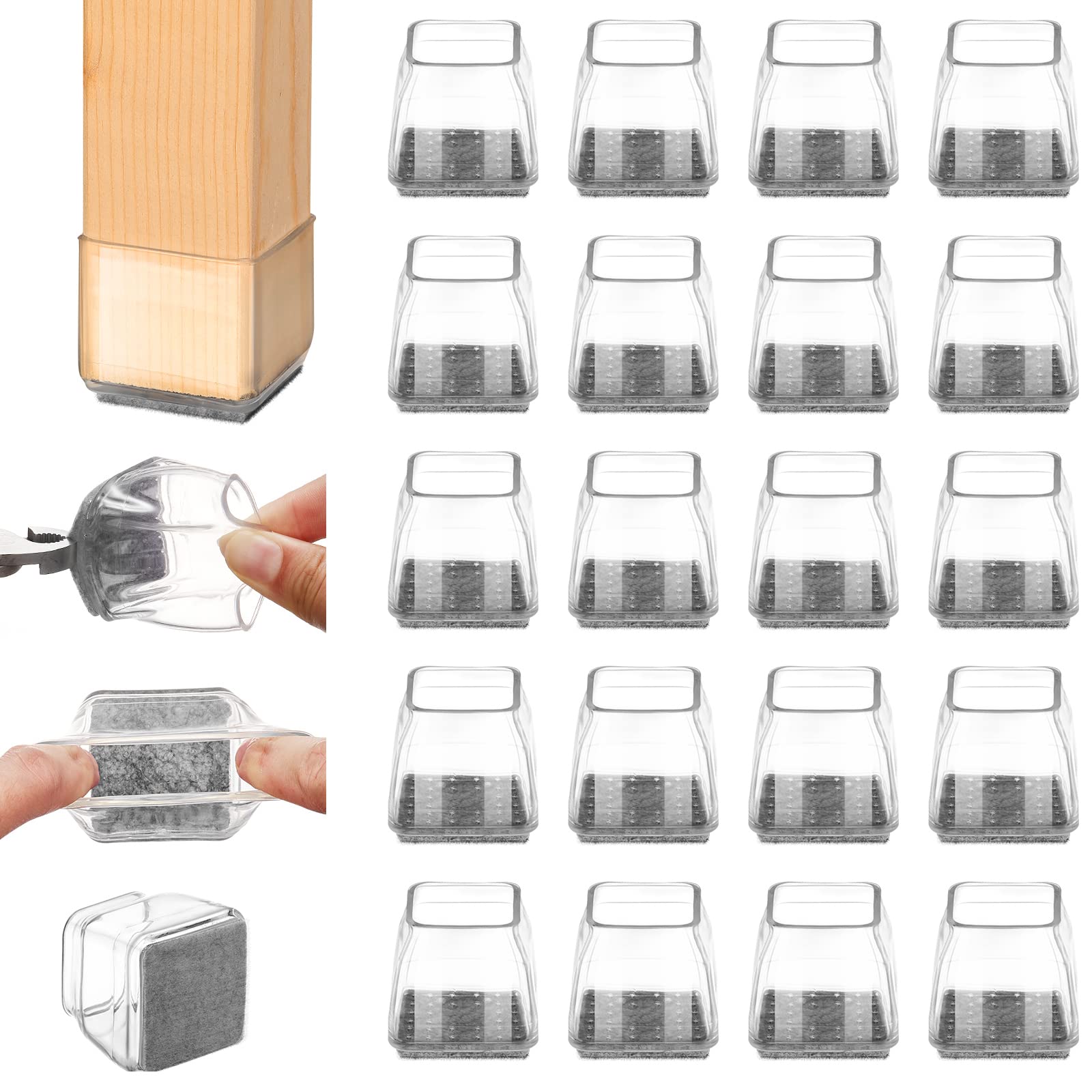 24Pcs Square Chair Leg Floor Protectors - High Elastic Felt Furniture Pads for Hardwood Floors, Silicone Chair Leg Caps Covers Socks (Transparent, Small) - Protect Your Floors from Scratches & Noise for Home, Office, Restaurant Use