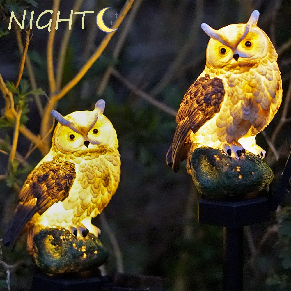 Solar Owl Garden Lights Outdoor Decor - 2PCS Waterproof Brown Resin LED Owl Stake Lights for Yard, Pathway, Patio & Lawn | Perfect for Nighttime Landscape Lighting & Garden Accents