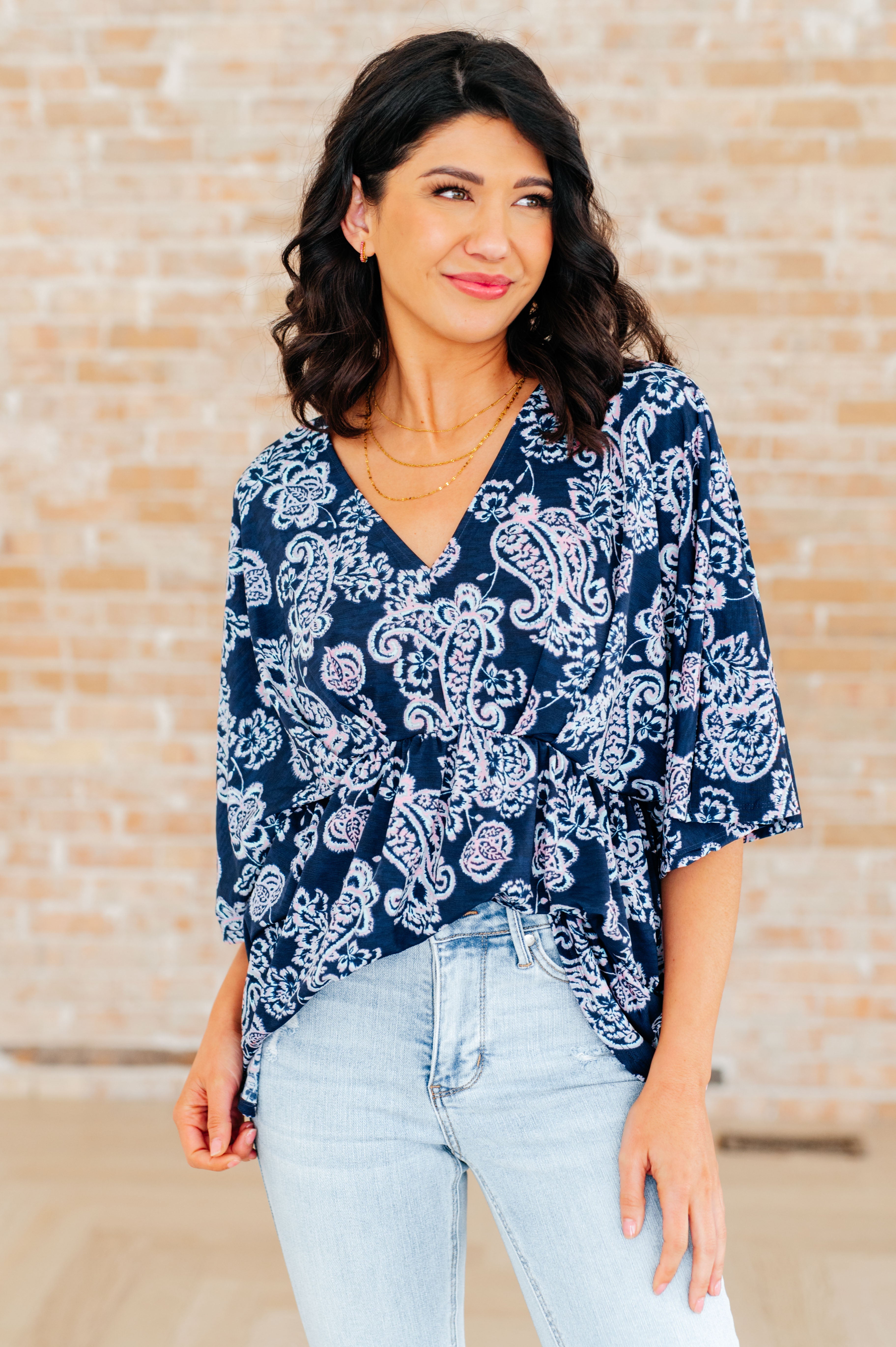 Dear Scarlett Navy and Pink Paisley Dreamer Peplum Top - Women's Floral Print Blouse for Casual Wear, Date Night & Office Outfits