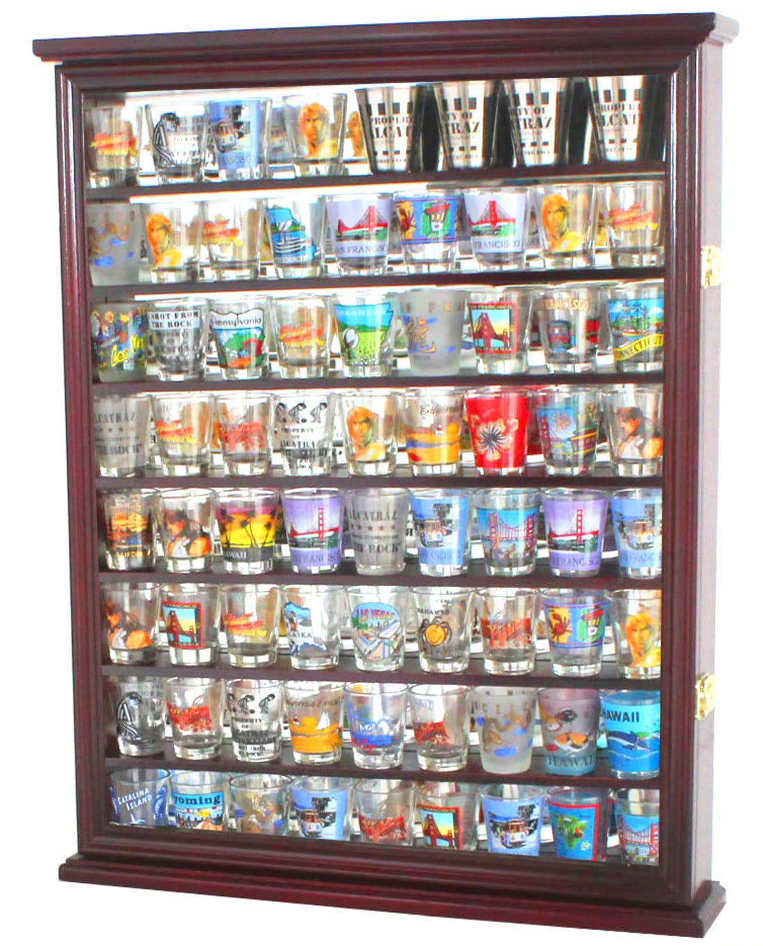 Lockable Solid Wood Shot Glass Display Case with UV Protection Acrylic Glass Door & Mirror Back - Cherry Finish Wall Cabinet for Shot Glass Collection & Bar Decor - Perfect for Home Bars, Man Caves, and Liquor Stores