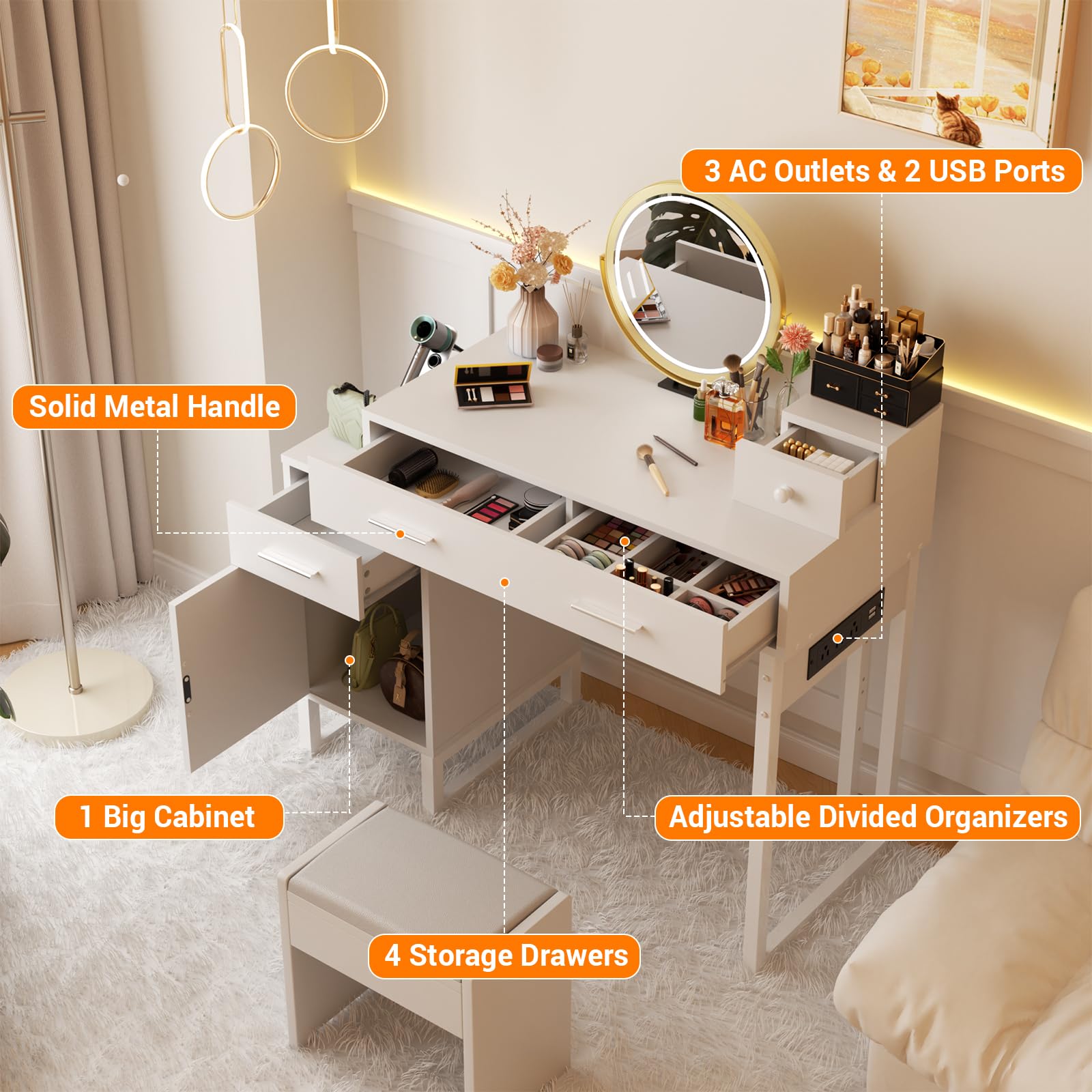 Modern White Vanity Desk with 4 Storage Drawers & Charging Station - Reversible Cabinet Dressing Table Set with Divided Organizers for Women & Girls - Perfect for Bedroom Makeup, Skincare Routine and Home Office Workspace
