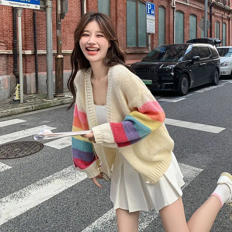 Rainbow Striped Knitted Cardigan for Women - Cozy Oversized Sweater for Fall & Winter - Perfect for Casual Wear, Office, and Date Nights