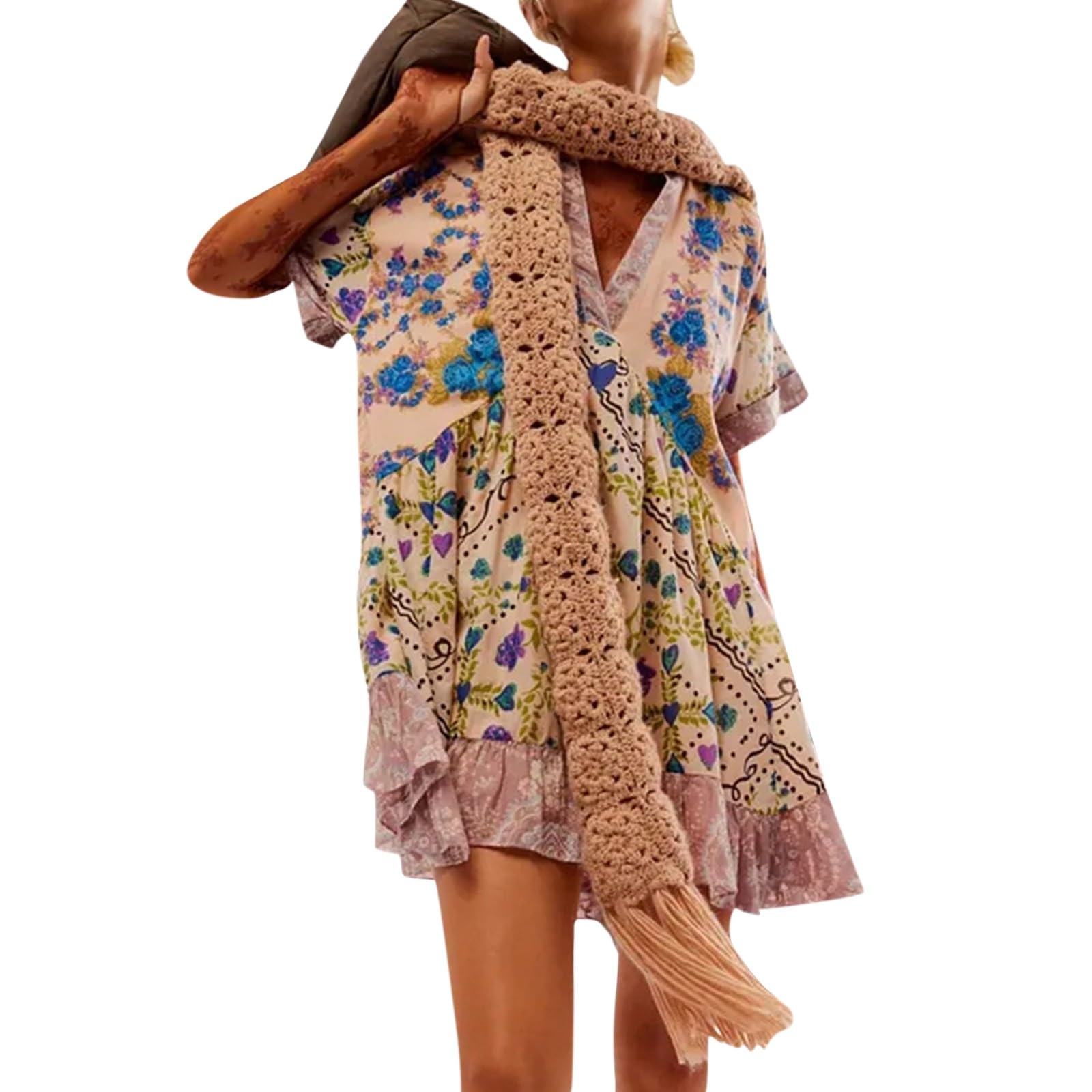 Women's Bohemian Floral Mini Dress with Ruffle & Puff Sleeves - V-Neck Summer Beach Dress for 2024 | Perfect for Vacations, Music Festivals & Boho Chic Outfits