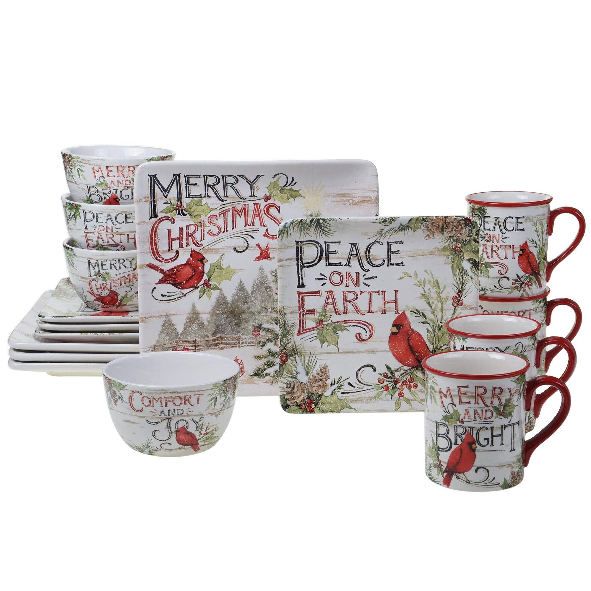 16-Piece Christmas Dinnerware Set for 4 - Green, Red & Multi-Color Animal Print - Modern Round Plates & Bowls - Dishwasher & Microwave Safe - Perfect for Holiday Gatherings, Family Dinners & Festive Decor