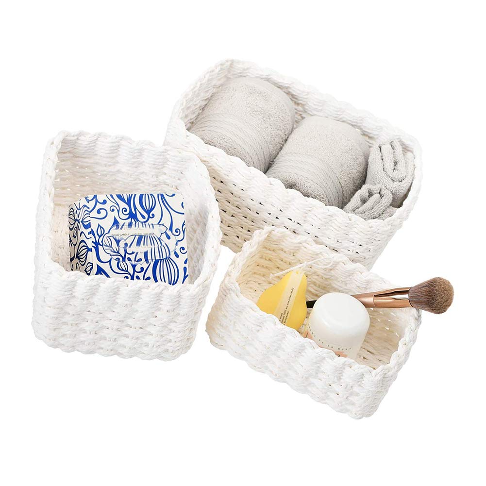 Eco-Friendly Woven Storage Baskets Set of 3 - Recycled Paper Rope Organizer Bin for Cupboard, Closet & Dresser - Perfect for Storing Toys, Blankets & Home Decor (Ideal for Bedroom, Nursery & Living Room Organization)