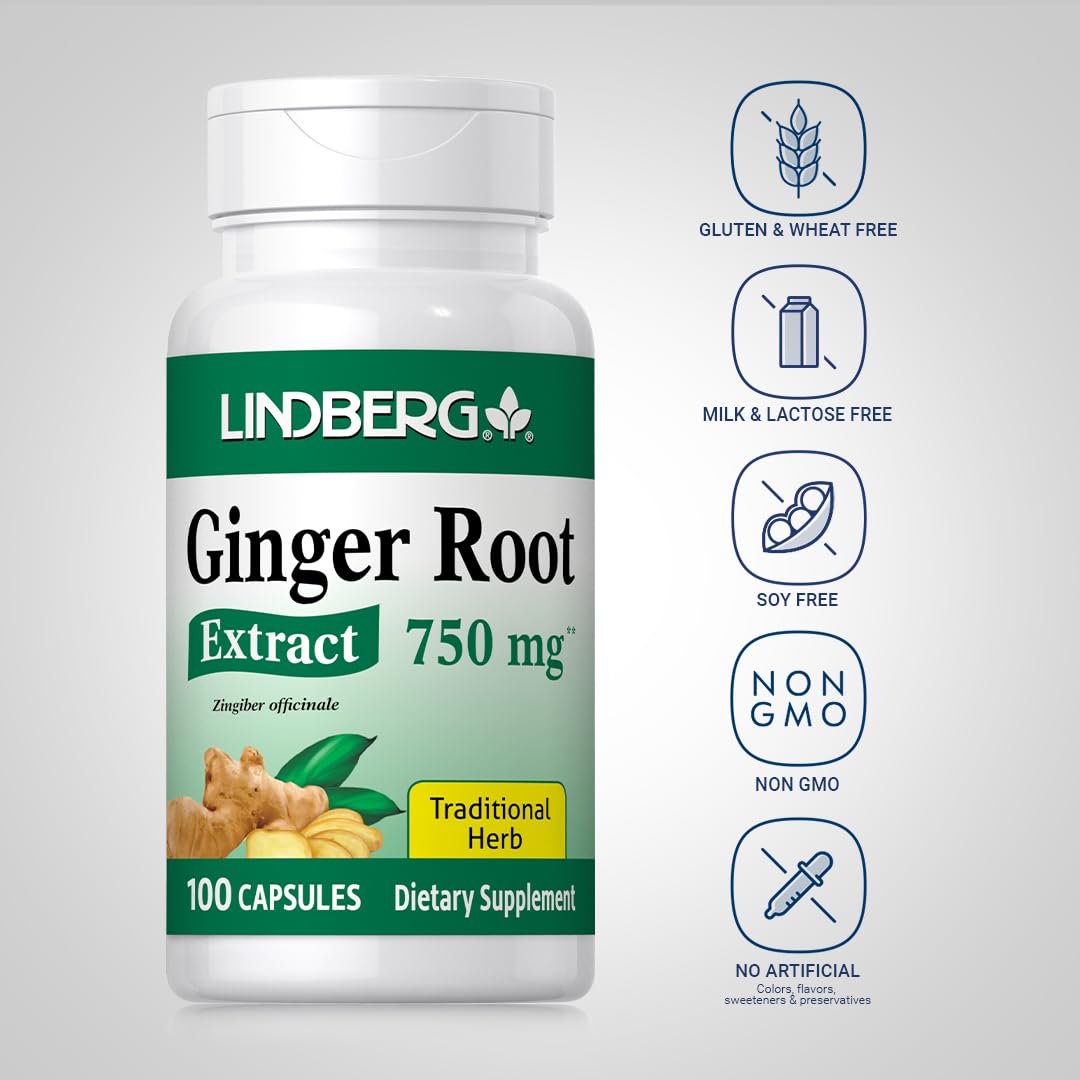 Lindberg Ginger Root Capsules 750mg | 100 Count | Non-GMO, Gluten Free Dietary Supplement | Supports Digestion & Nausea Relief | Perfect for Travel, Morning Sickness & Motion Sickness