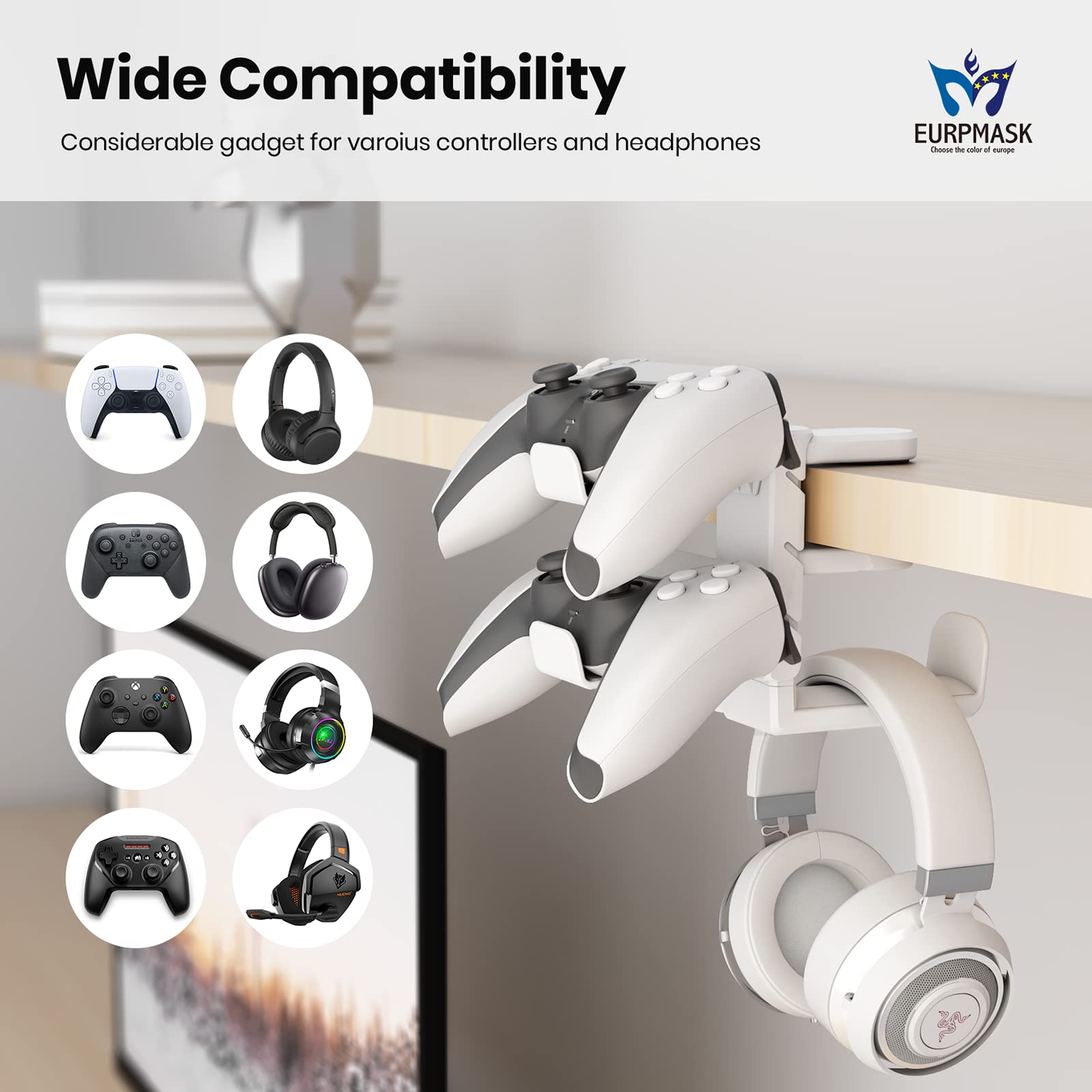 3-in-1 PC Gaming Headset & Controller Stand with Adjustable Clamp, Rotating Arm & Cable Management - Universal Gaming Accessory for PS5, Xbox & PC (White) - Perfect for Organized Gaming Setup & Streamer Stations