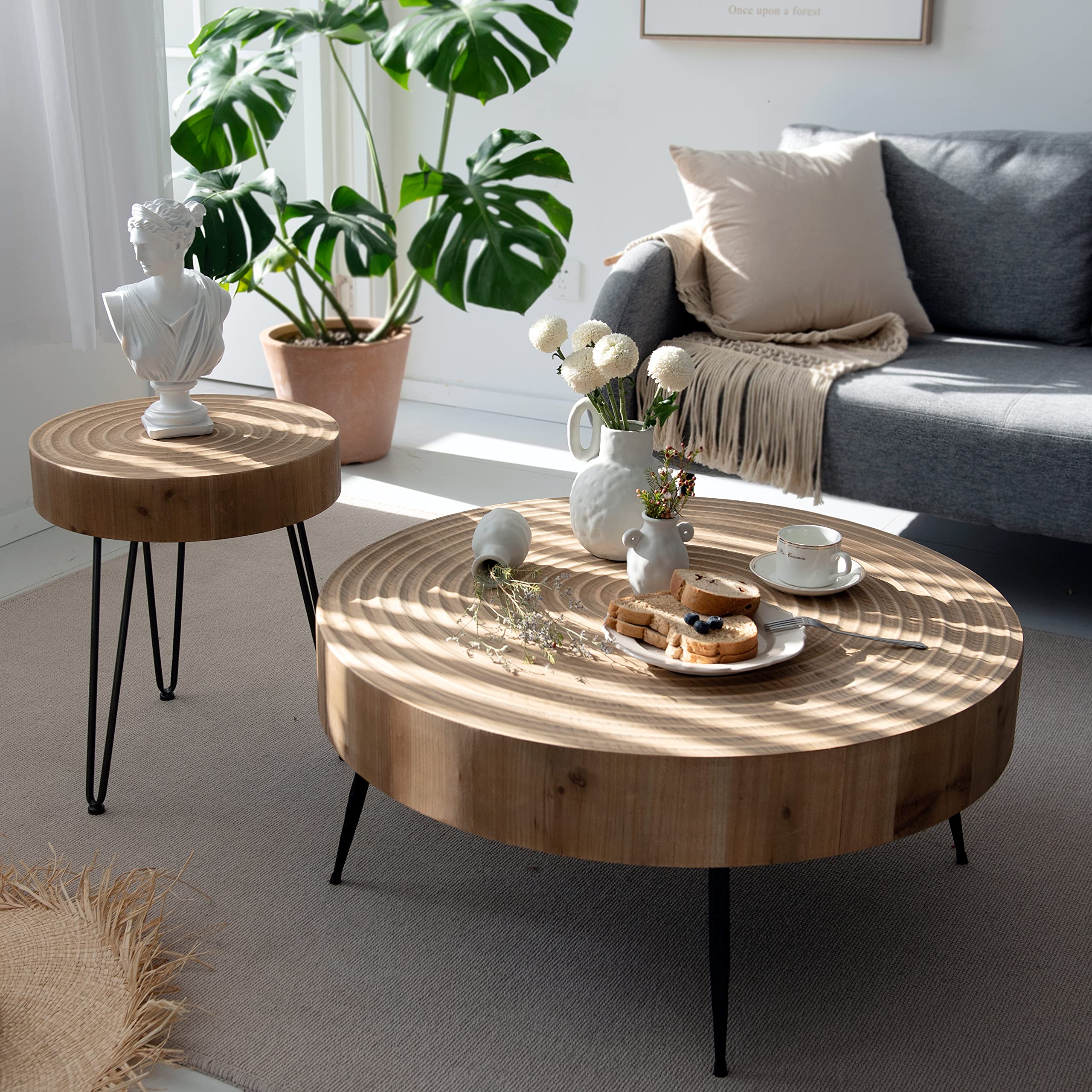 2-Piece Modern Farmhouse Nesting Coffee Table Set - Round Natural Wood Finish with Handcrafted Ring Motif for Living Room, Bedroom & Office Decor
