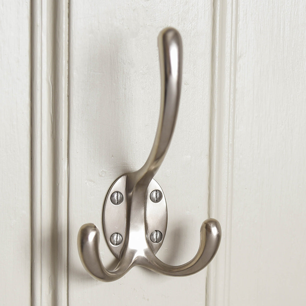 Stylish Satin Nickel Triple Hat & Coat Hook - Large Wall Mounted Organizer for Entryway, Bathroom, or Bedroom