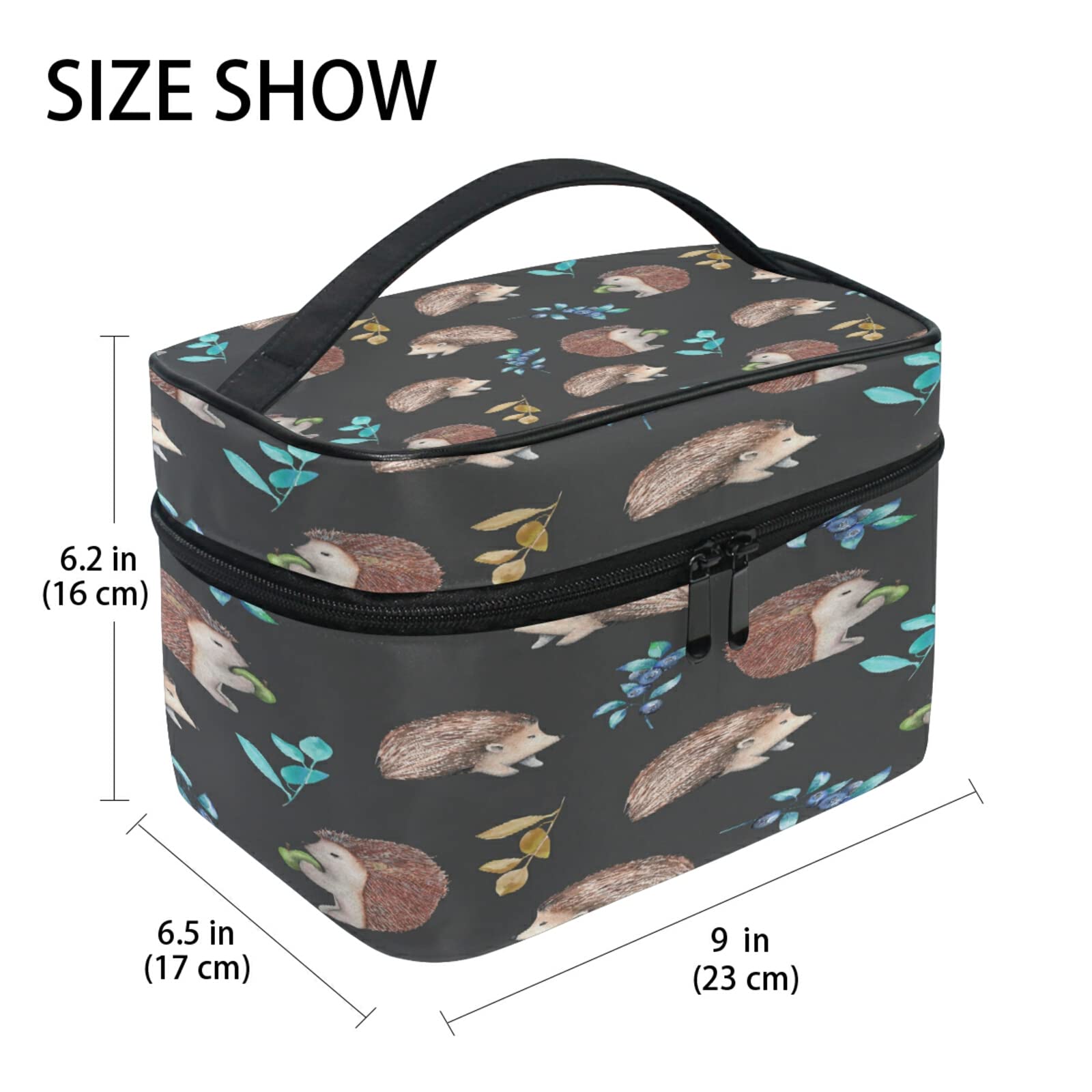 Cute Hedgehog & Blueberry Pattern Cosmetic Bag - Travel Makeup Organizer with Handle & Zipper for Women & Girls - Perfect for Travel, Gym, and Daily Makeup Storage