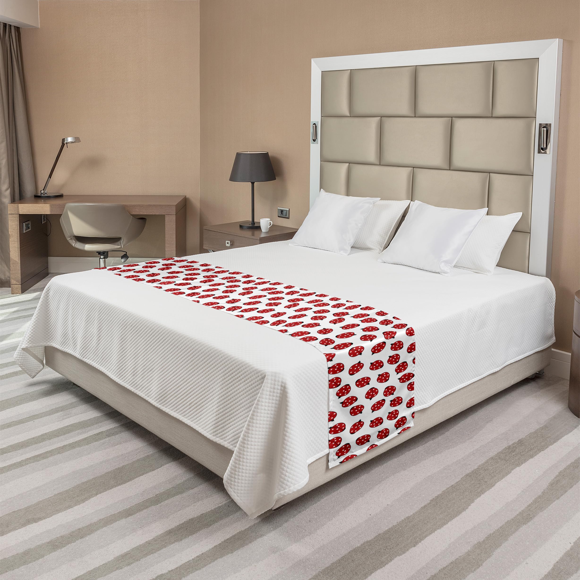Ambesonne Ladybug Bed Runner - Decorative Queen Size Bed Scarf with Spring Ladybug Dotted Pattern in Vermilion & White | Perfect for Hotels, Homes & Guest Room Decor