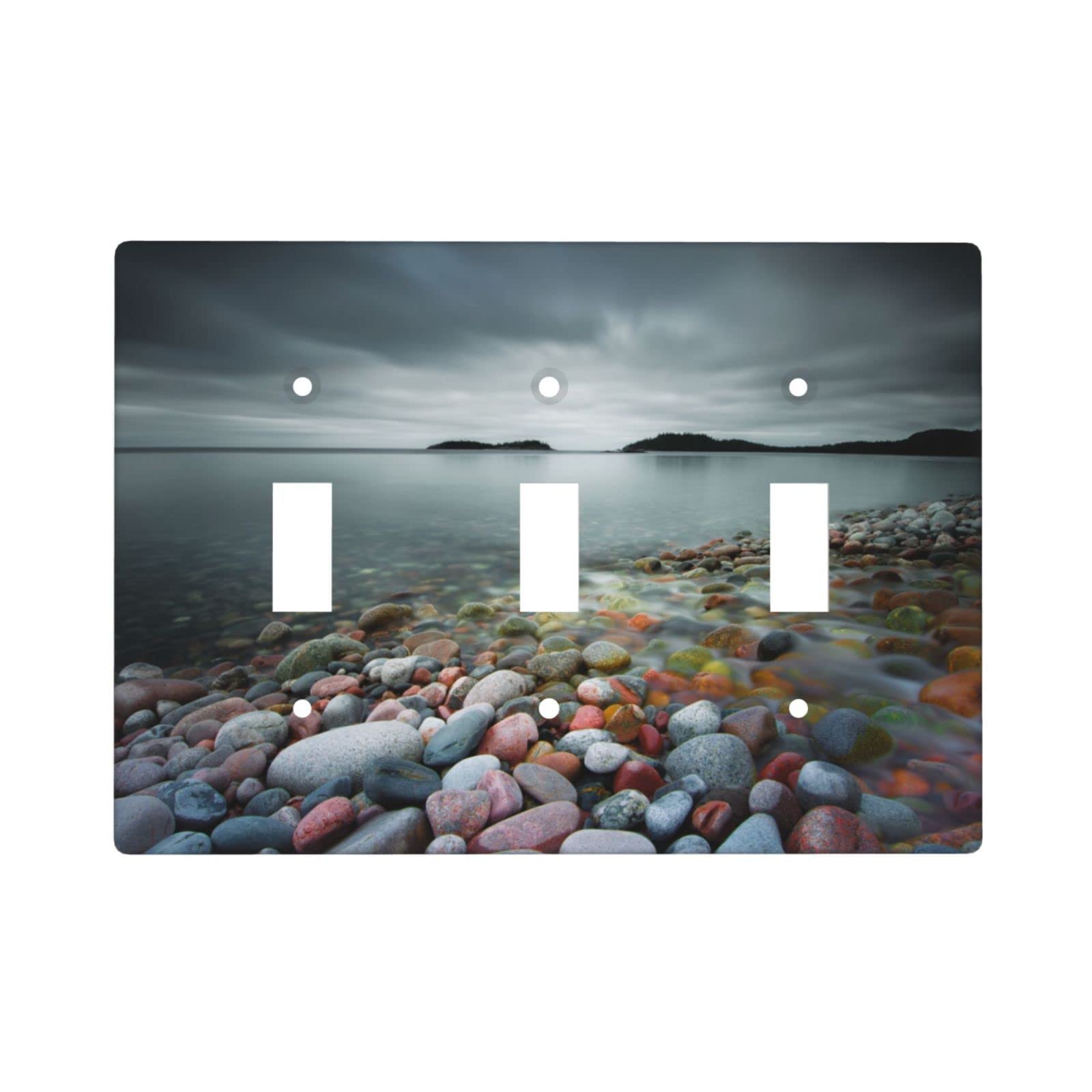 Decorative Beach Stones Triple Light Switch Cover - 3 Gang Toggle Wall Plate, 4.5 x 6.38 Inch Colorful Stone Design - Perfect for Coastal, Boho & Beach House Decor