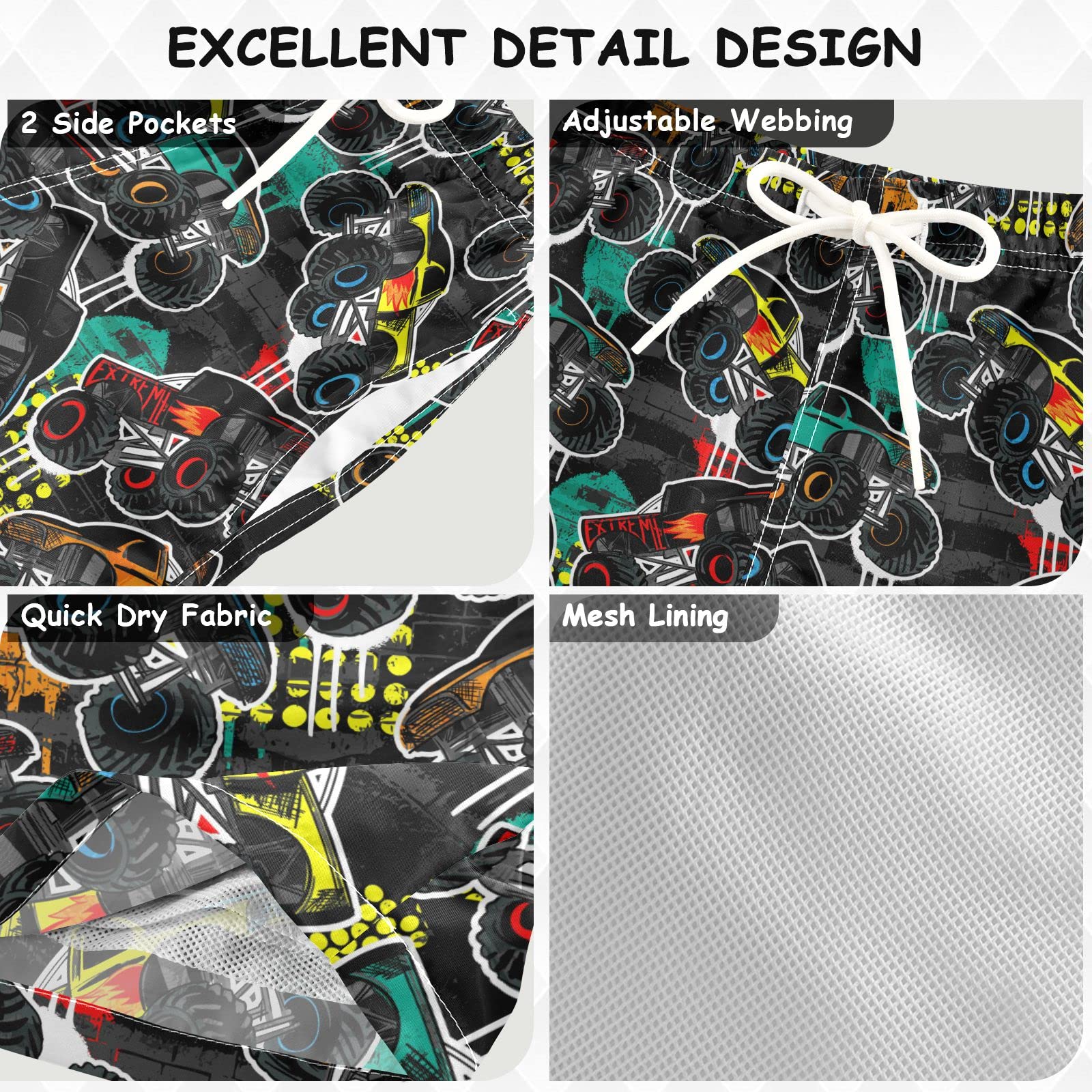 Abstract Monster Truck Boys Teens Quick Dry Swim Trunks - Cool Cartoon Design for Beach, Pool & Summer Water Activities