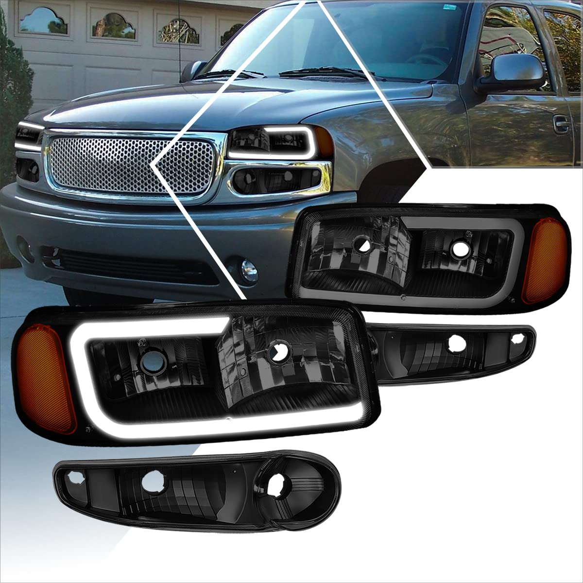 PM PERFORMOTOR 4Pcs Headlights Assembly with LED DRL & Bumper Lamps - Compatible with 2000-2006 GMC Sierra Yukon Denali, Black Housing & Smoked Lens - Upgrade for Night Driving & Off-Road Adventures